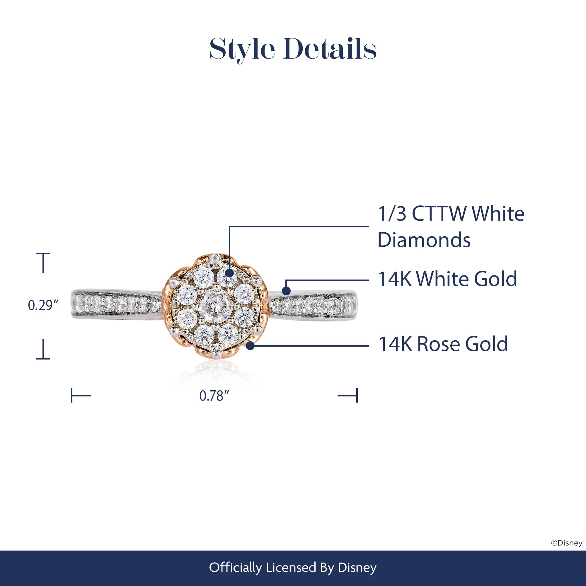 Jewelili Enchanted Disney Fine Jewelry 14K White Gold and Rose Gold 1/3 Cttw Diamond Belle Rose Composite Bridal Ring: 6