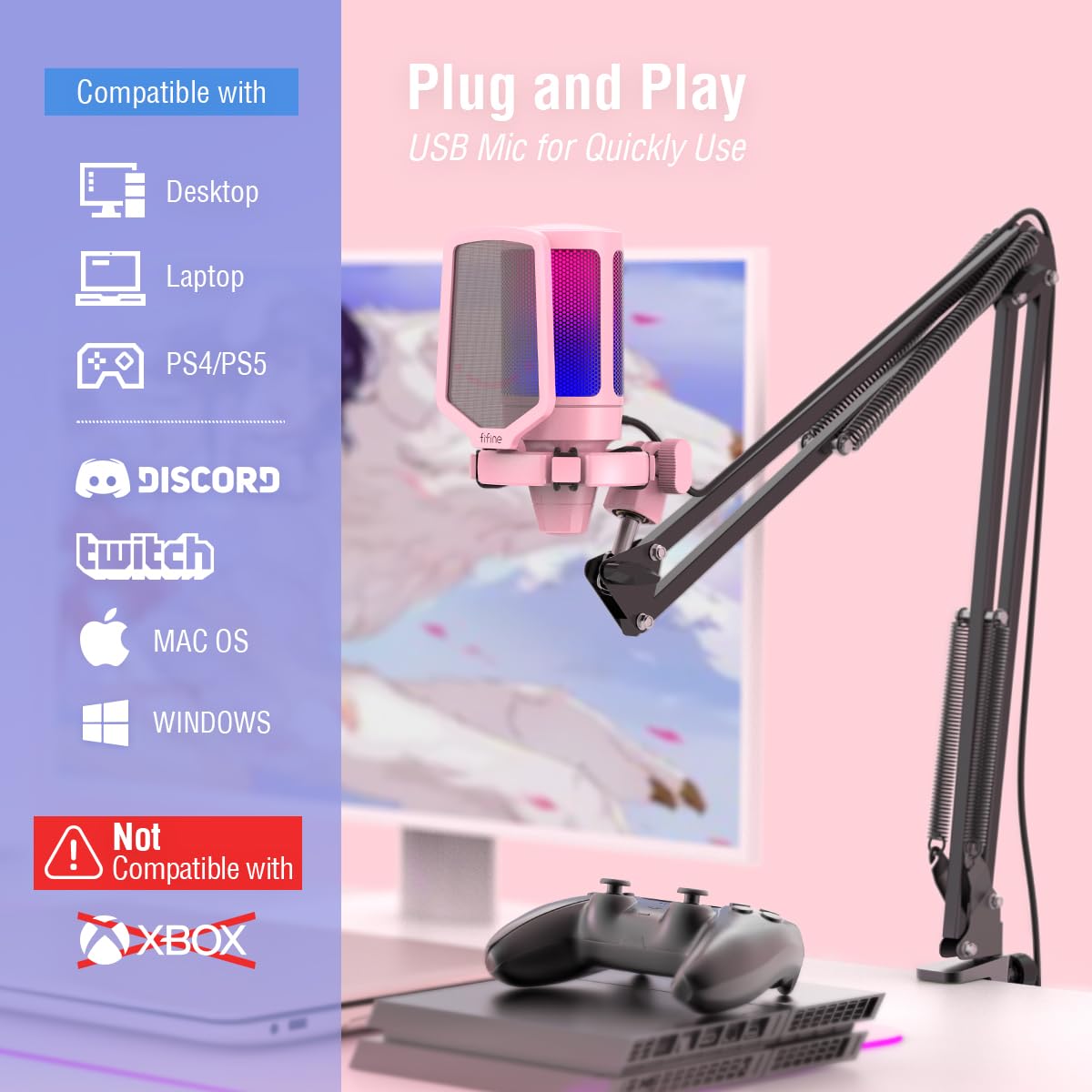 FIFINE Gaming PC USB Microphone, Podcast Condenser Mic with Boom Arm, Pop Filter, Mute Button for Streaming, Twitch, Online Chat, RGB Computer Mic for PC Gamer Youtuber-AmpliGame A6T: Pink