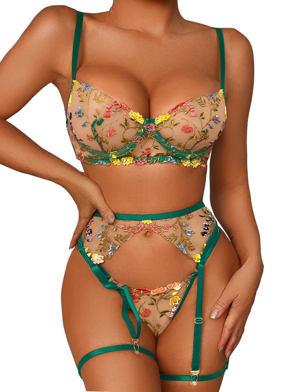 Kaei&Shi Vibrant Floral Embroidery, Underwire, Thong, Thigh Straps, Lingerie Set: 4-6 Green
