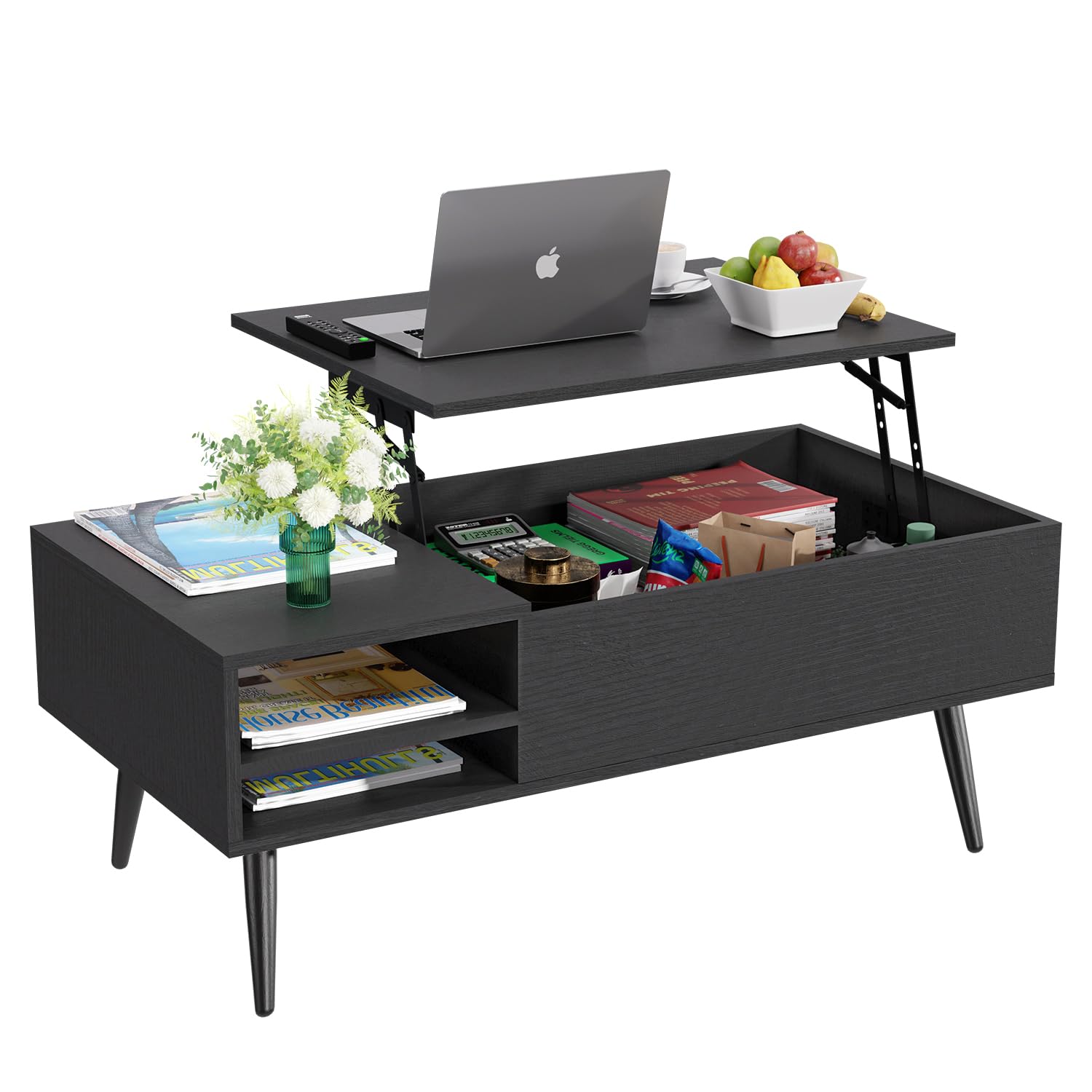 PayLessHere Lift Top Coffee Table with Adjustable Storage and Hidden Compartment Small Wood Coffee Table Center Table for Home Living Room Office Apartment Reception Room,: Black