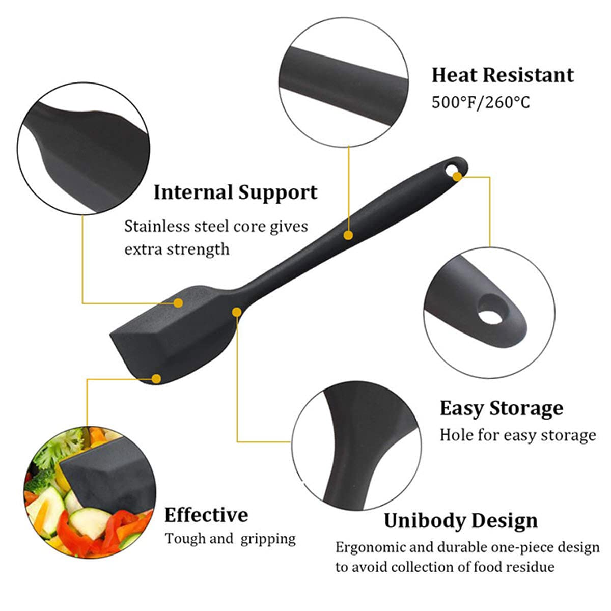 SILCONY Set of 4 Pure Silicone Spatulas Spoon Pastry Basting Brush Heat Resistant (11"-8.4") (4, Spatula Set - ): Black