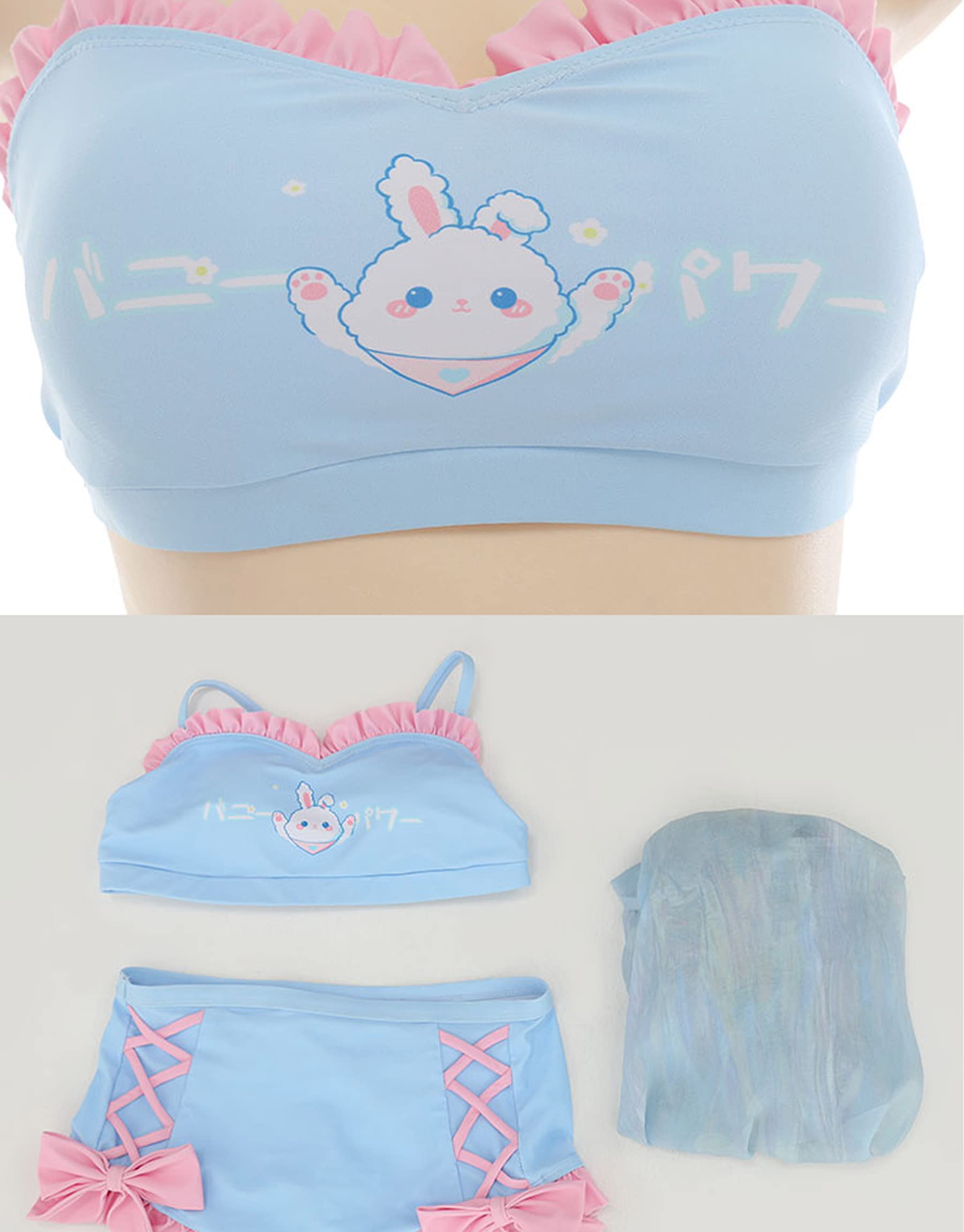 haikyuu Women Anime Bunny Bikini Set with Cover up Kawaii Two Piece Swimsuit Lace-up Bathing Suit