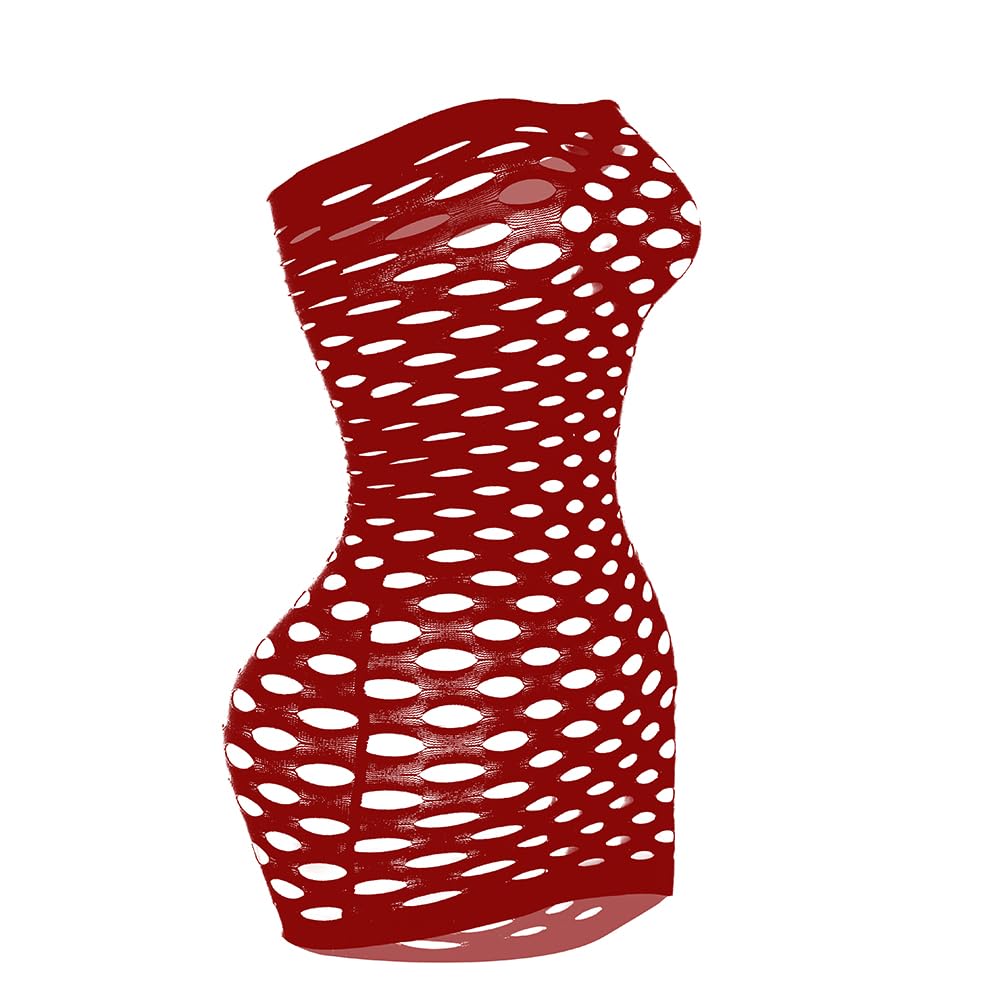 Vorifun Sexy Womens Strapless Fishnet Lingerie Sleepwear Mini Dress Tube Chemise Bodysuit One Size: Wine Red