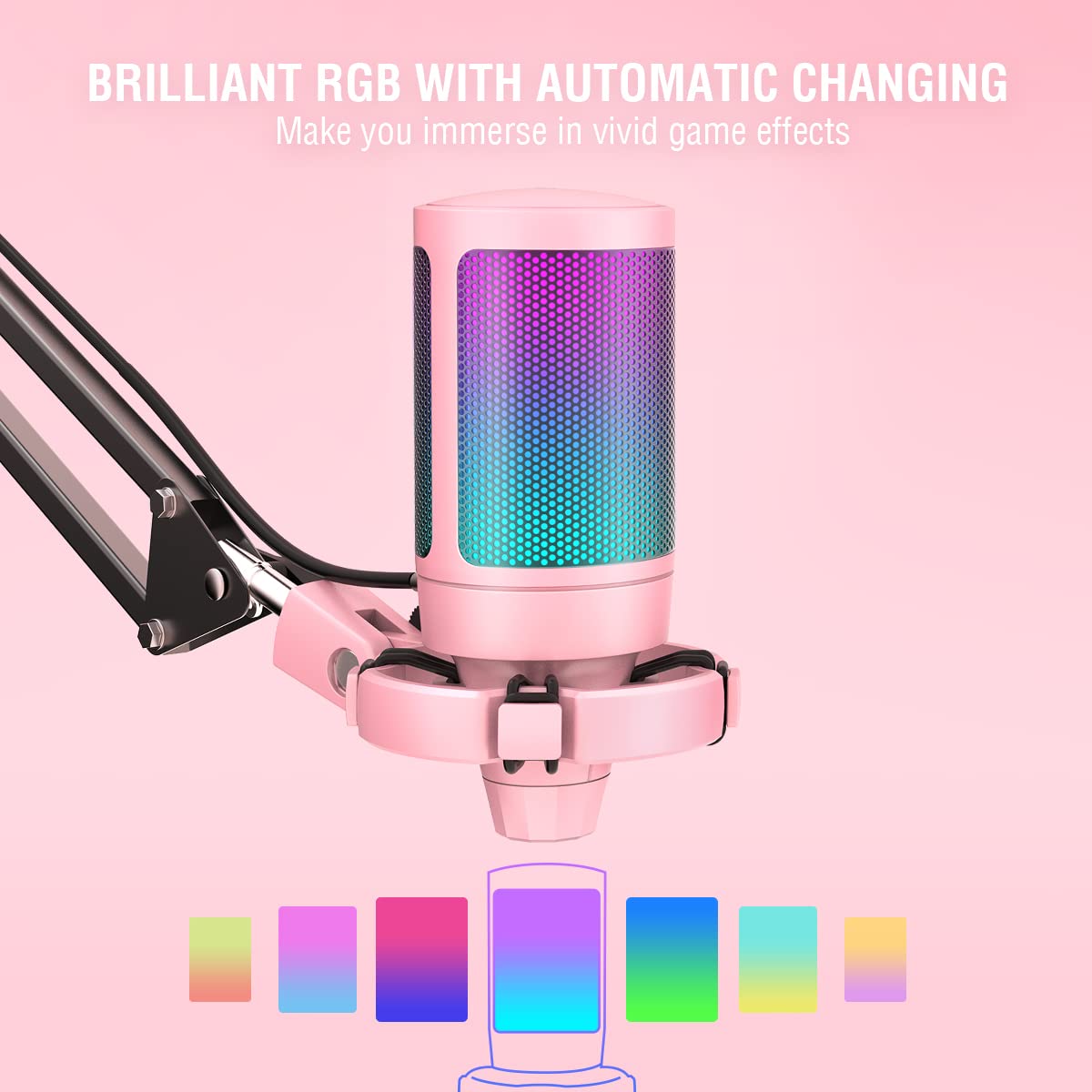 FIFINE Gaming PC USB Microphone, Podcast Condenser Mic with Boom Arm, Pop Filter, Mute Button for Streaming, Twitch, Online Chat, RGB Computer Mic for PC Gamer Youtuber-AmpliGame A6T: Pink