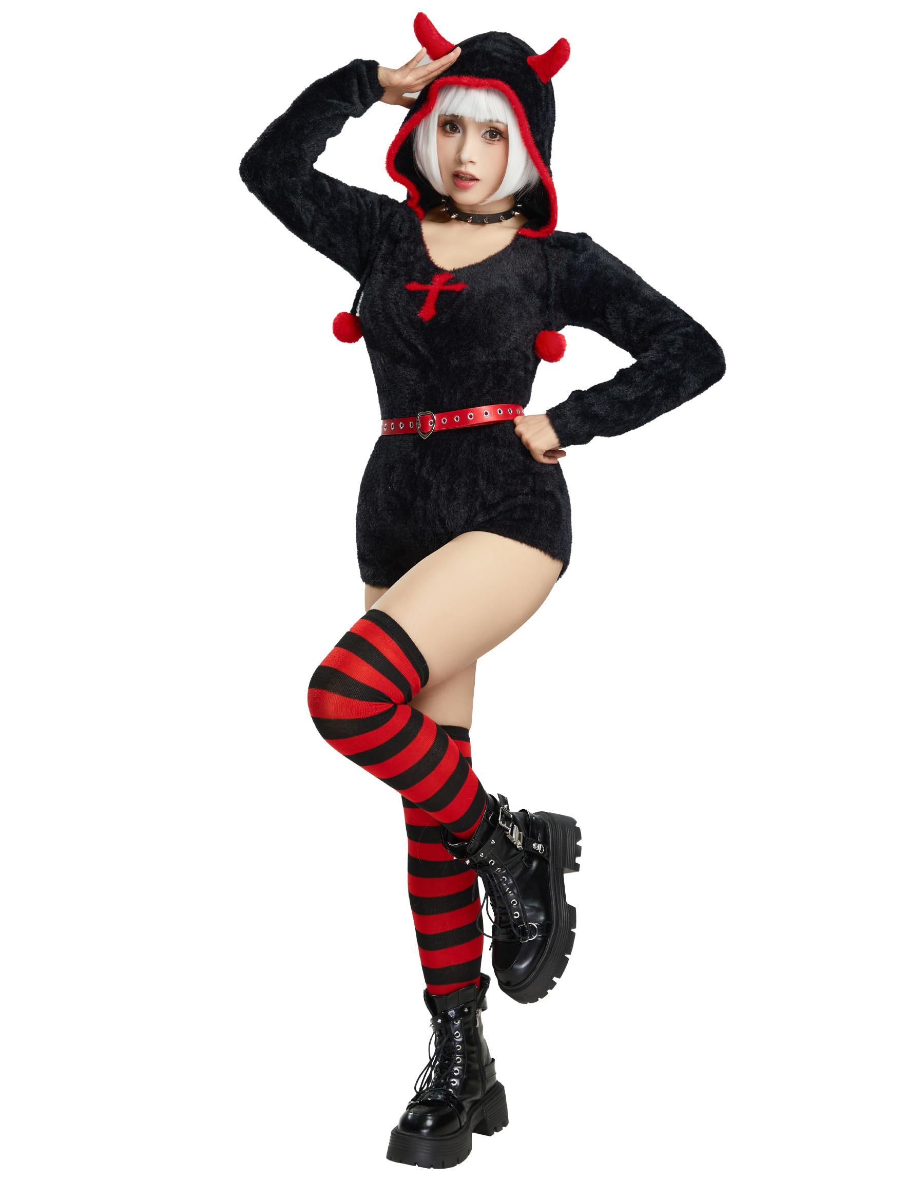 MEOWCOS Women Bodysuit Onesie Pajamas Gothic Halloween Romper Hooded Bodysuit with Belt Choker