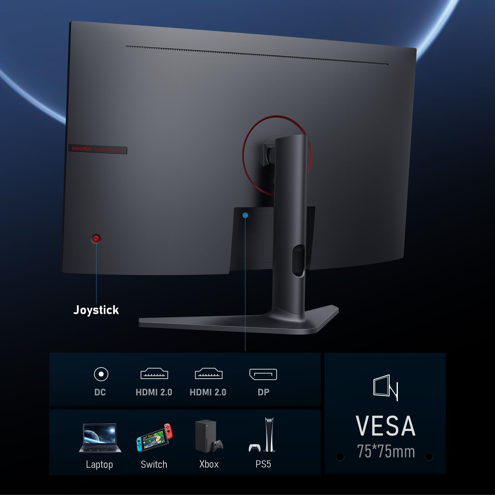 KOORUI Curved 27 Inch Gaming Monitor, Full HD 1080p R1500 180Hz VA Computer Monitor, 99% sRGB, Built-in Adaptive Sync, 1 x Display Port 1.2 & 2 x HDMI 2.0, Eye Care, VESA Compatible, Black 27E6CA thumbnail 6