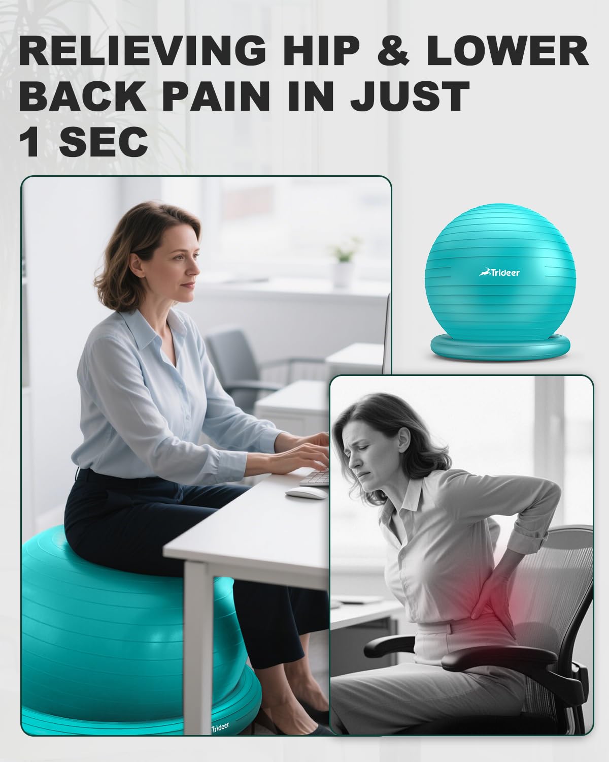 Trideer Yoga Ball Chair with Base - Stability & Fitness Ball Seat for Home Office, Pregnancy & Workout: L(23-26ines/58-65cm) Turkis