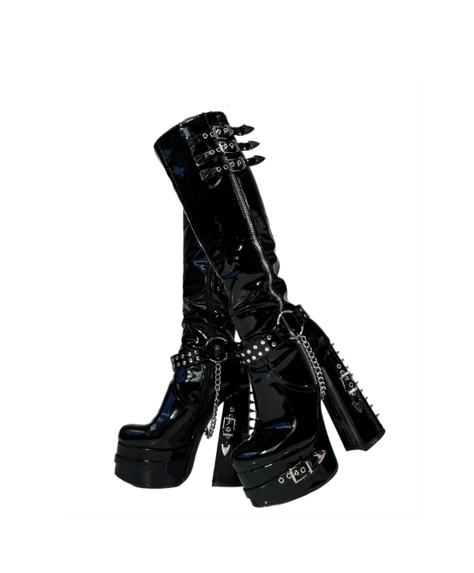 Frankie Hsu Goth Sexy Chunky Platform Knee High Heeled Boots, Black Patent Silver Chain Rivets Ring Buckle Gothic, Punk Y2K Hot Girl Big Large Size Wide Calf Shoes For Women Men: 7