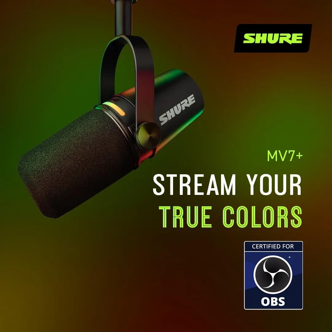 Shure MV7+ Podcast Dynamic Microphone. OBS Certified, Enhanced Audio, LED Touch Panel, USB-C & XLR Outputs, Auto Level Mode, Digital Pop Filter, Reverb Effects, Podcasting, Streaming, Recording -White: USB - Black