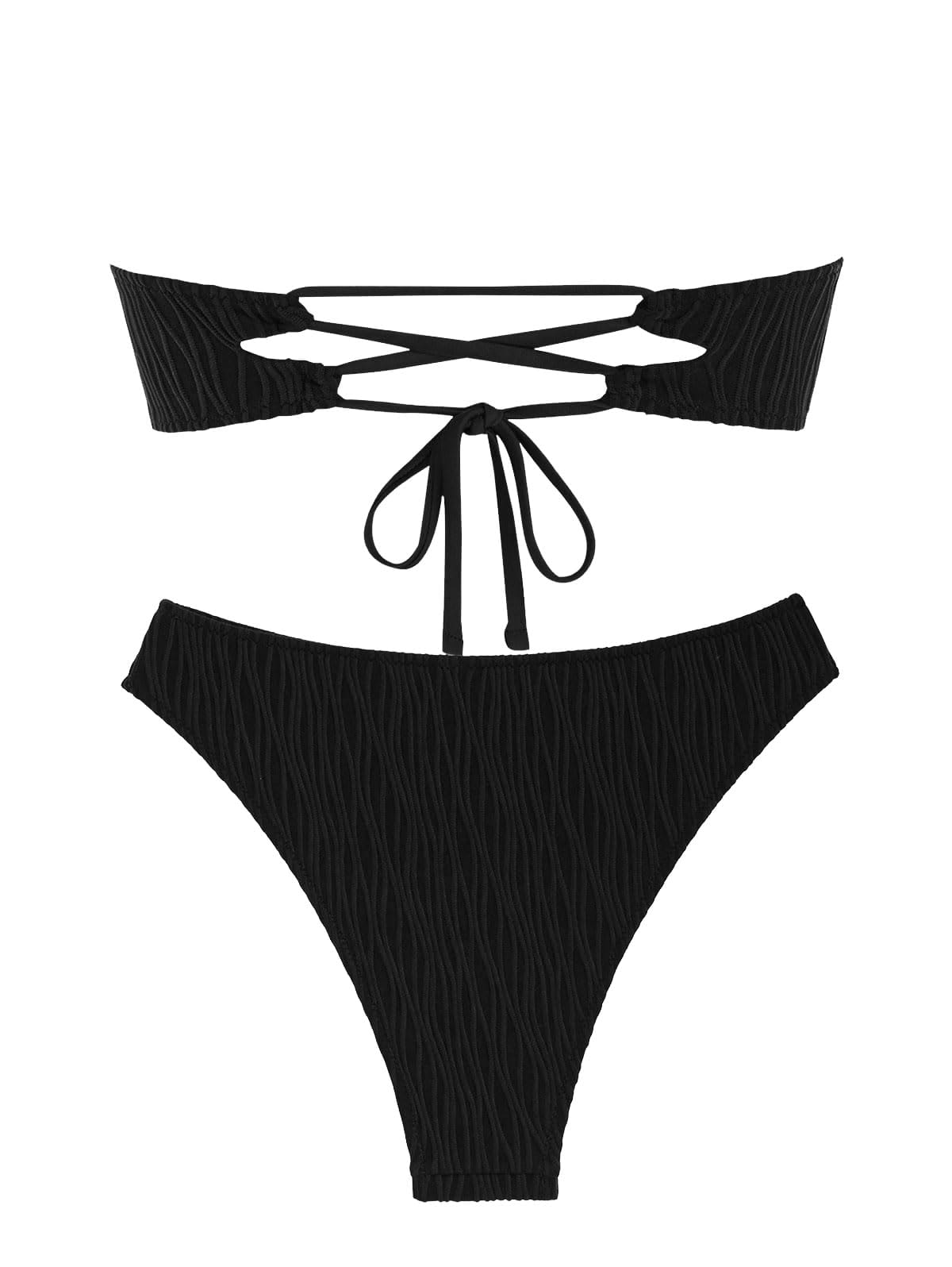 ZAFUL Women's Strapless Ribbed V Wired Lace Up Ruffle Tie High Cut Bandeau Swimsuits Bikini Set - Image 2