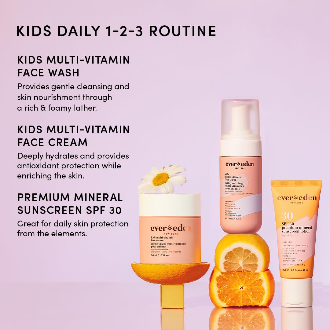 Evereden Daily 1-2-3 Routine Bundle: Clean & Vegan Skin Care Set for Kids - Hydrating & Nourishing Tween Skincare Set with Multi-Vitamin Face Wash, Face Cream, Lotion, & SPF 30 Mineral Sunscreen: Melon