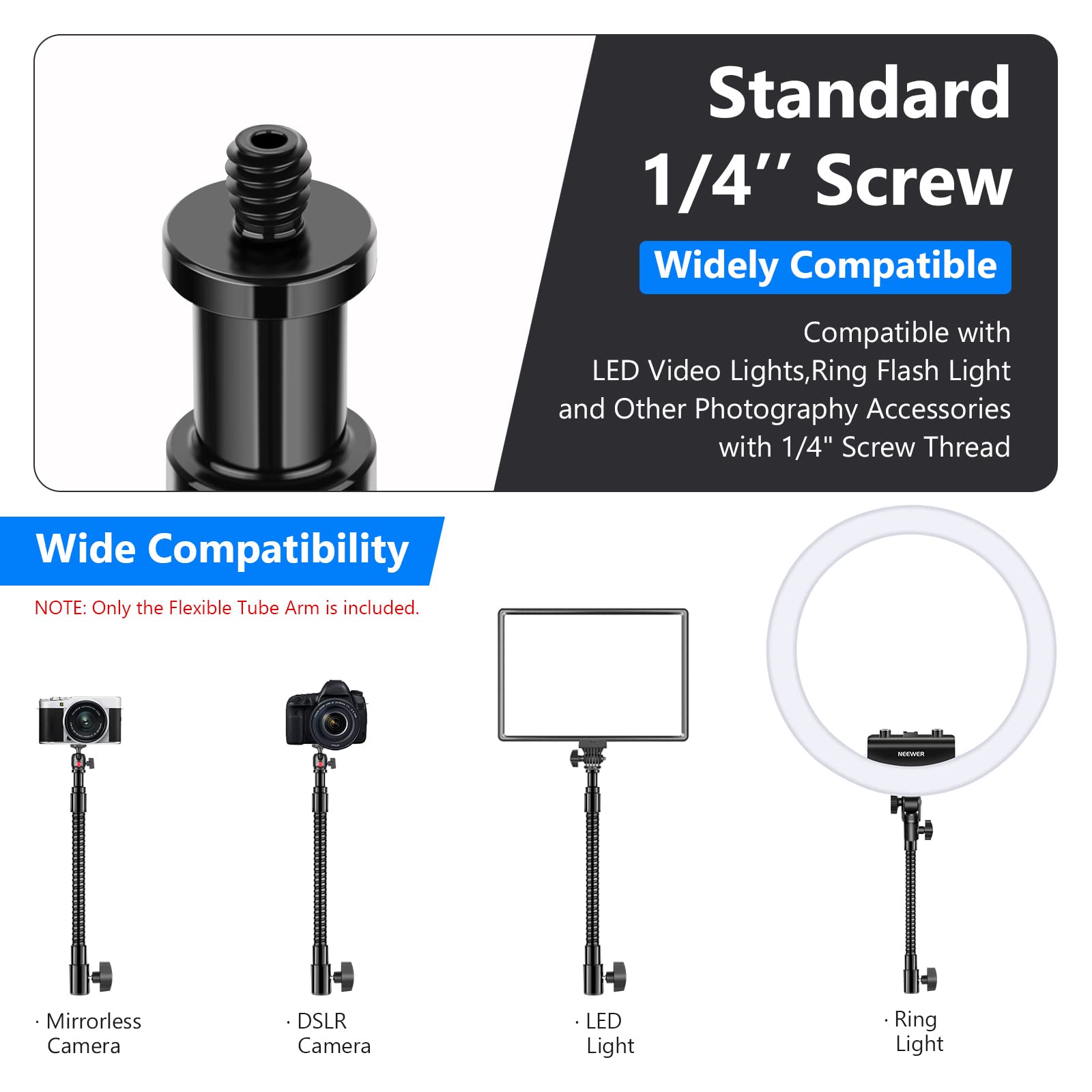 Neewer® 10"/25cm Metal Flexible Tube Arm for LED Video Lights,Ring Flash Light and Other Photography Accessories with 1/4" Screw Thread thumbnail 6
