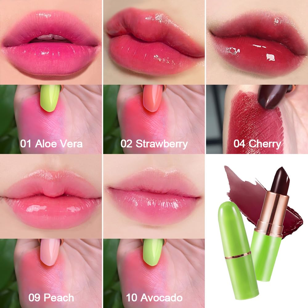 BINGBRUSH Aloe vera Color Changing Lipstick,Moisturizer Long Lasting Lip Care Magic Lip Gloss,Mood Makeup Lipstick Set,24 hours original(3Pcs Aloe+Strawberry+Cherry, 3 Count (Pack of 1)): 1 Count (Pack of 1) 5 Pcs-01#Aloe+02#Strawberry+09#Peach+04#Red Cherry+10#Avocado