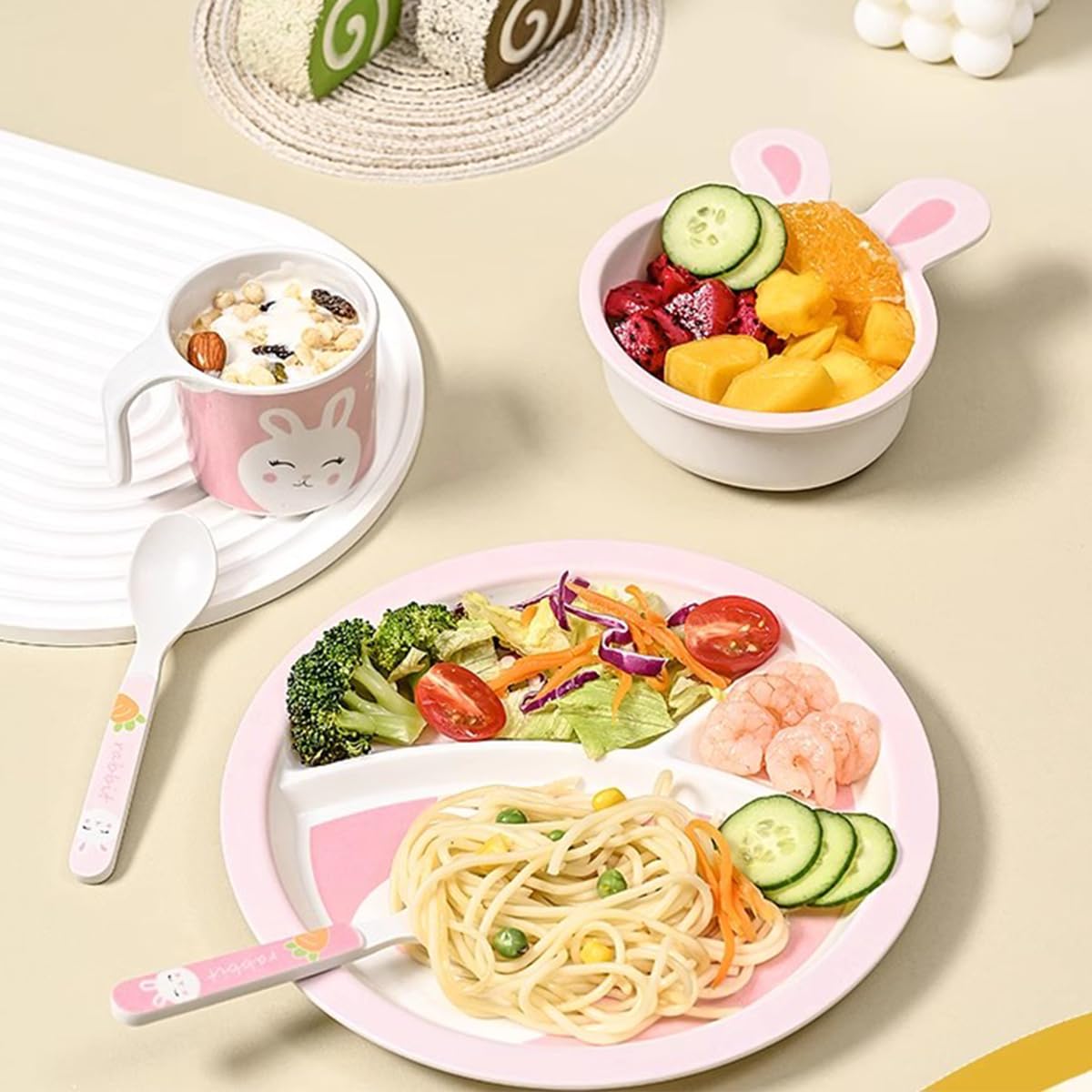 PHEENOWL Rabbit Toddler Plate Set 5 Pieces Includes 3-Section Divided Plate, Bowl, Tumbler and Utensil Tableware, Non-BPA Bamboo Fiber Material Perfect for Girls (Rabbit) thumbnail 5