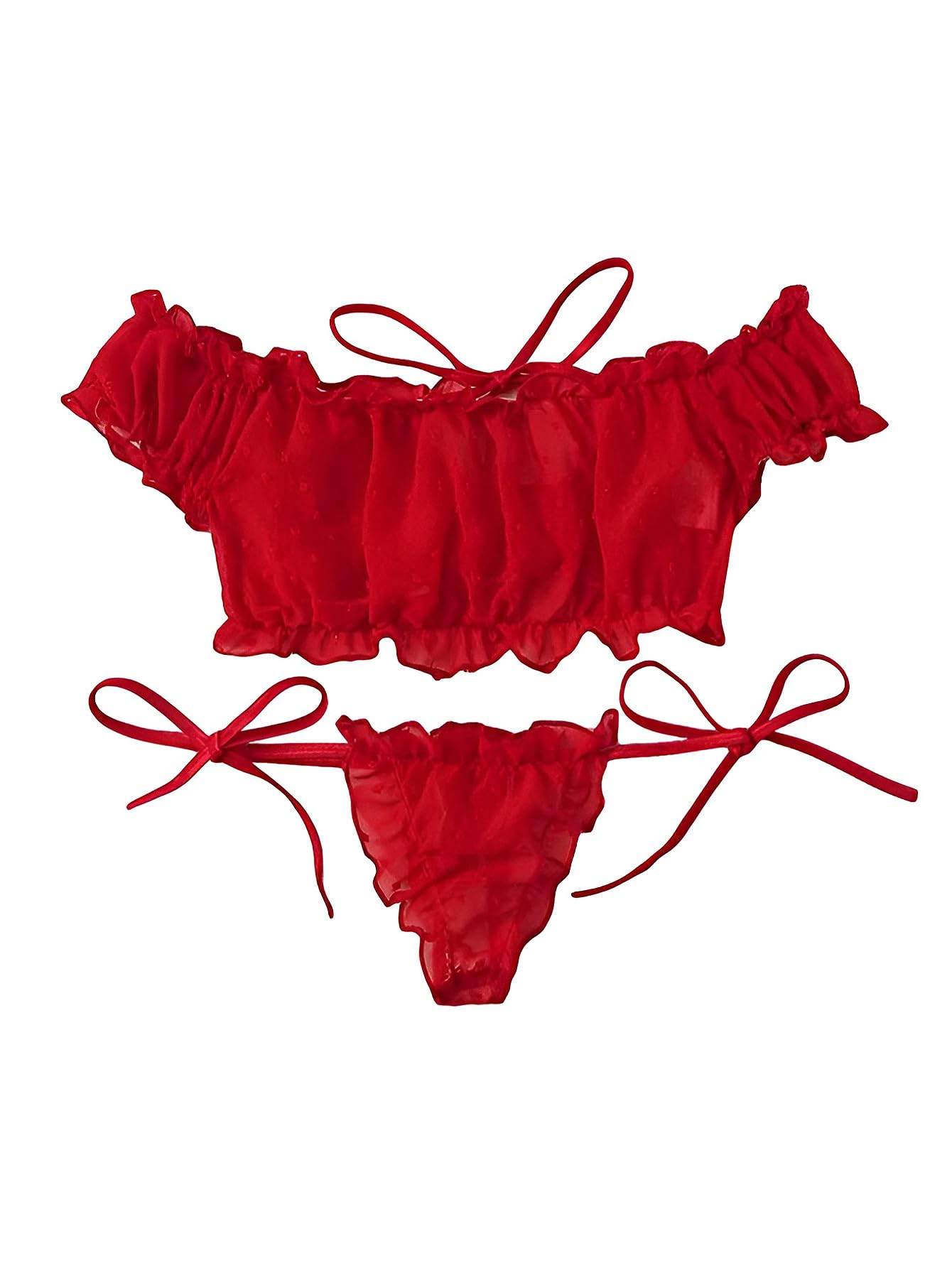 Lilosy Sexy Stretch Ruffle Tie Sheer Mesh Lingerie Set Outfits: Chiffon Small Chiffon Red