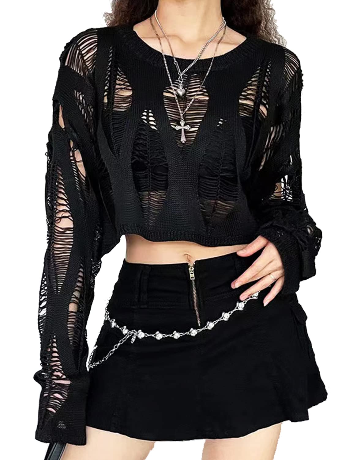 Vinsekep Women's See Through Hole Ripped Crop Tops Knit Pullover Short Sweaters: 2-black One Size