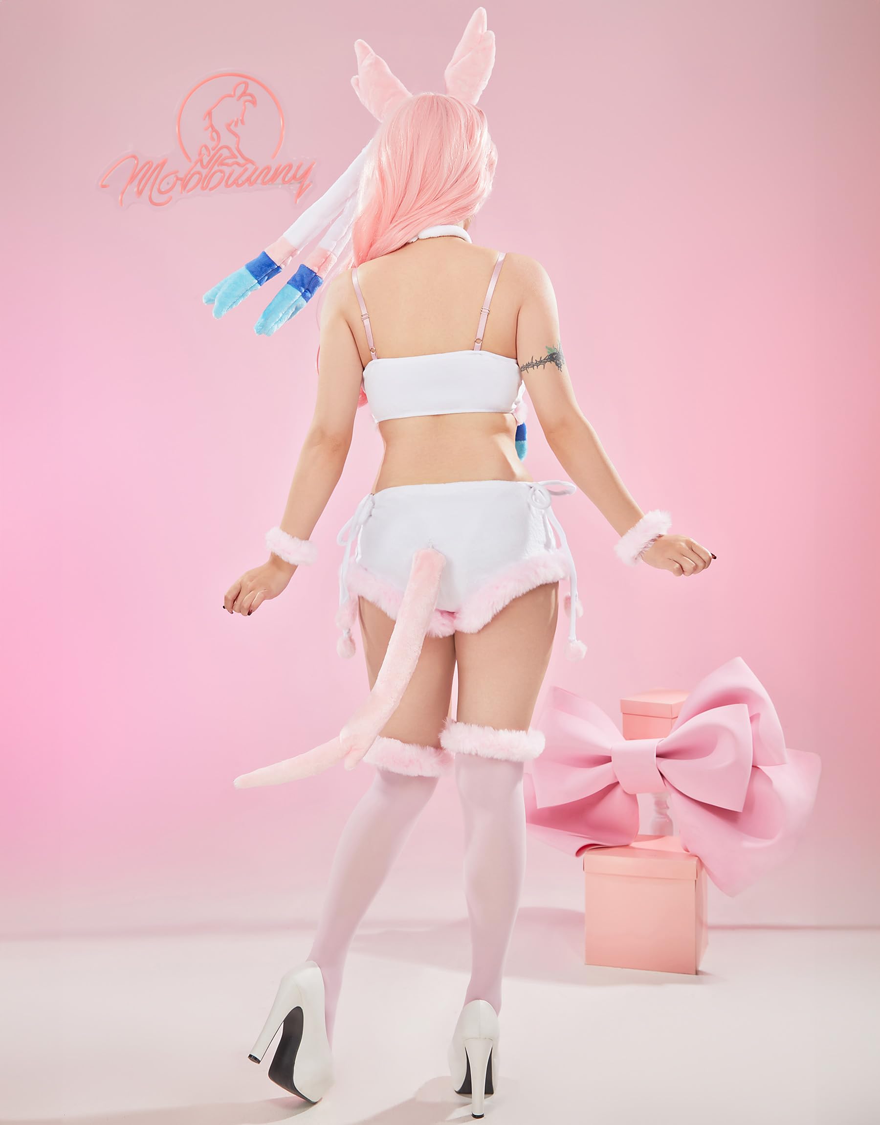 Mobbunny Women Cute Pajamas Set Pink Furry Tube Top and Shorts Anime Cosplay Homewear Sleepwear: Small