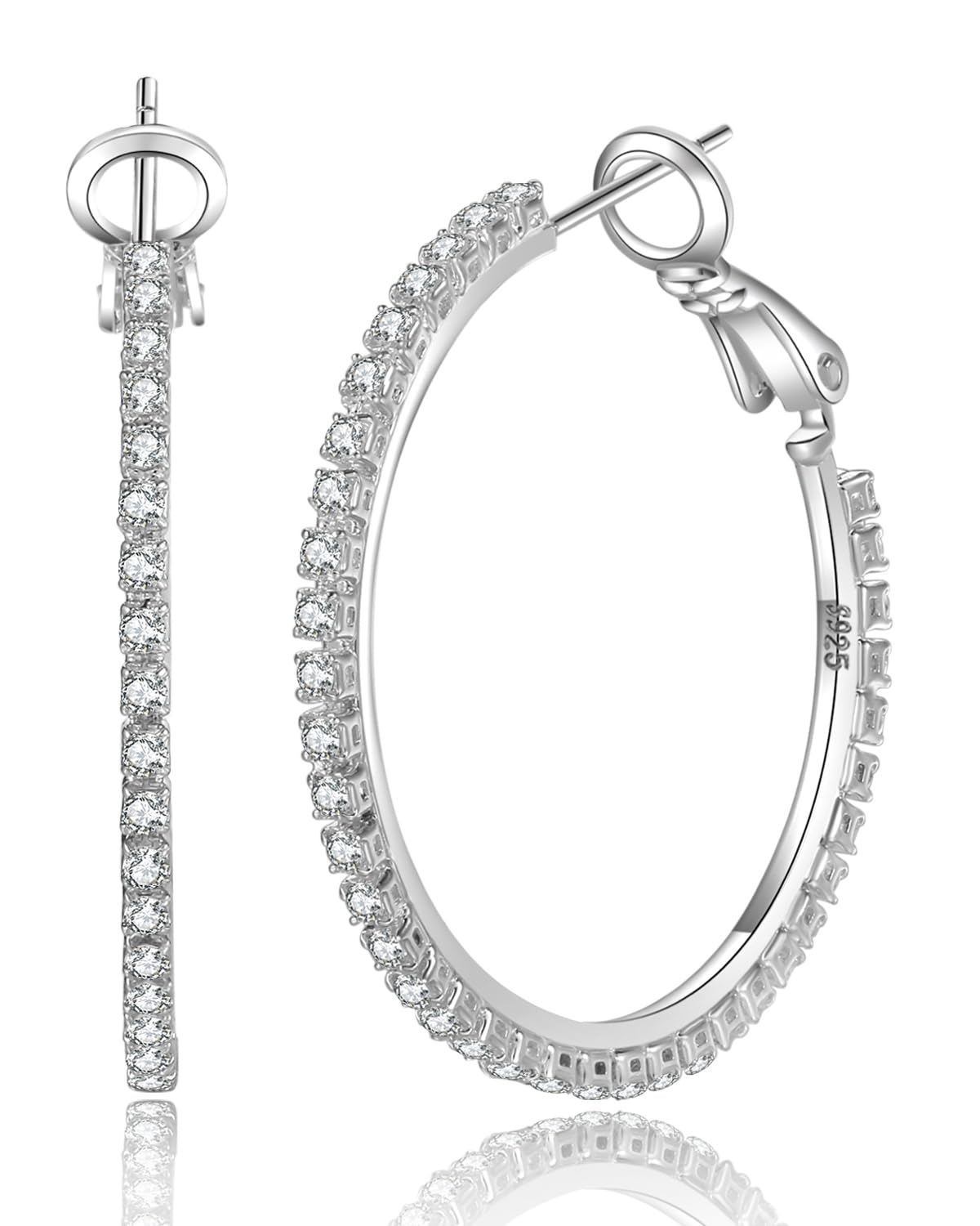 PABBEU 2mm 925 Sterling Silver Earrings Big Sterling Silver Hoop Earrings for Women Large Rhinestone Hoop Earrings Thin Hypoallergenic Cubic Zirconia Earrings for Women 30/40/50/60/70mm: 40mm Silver