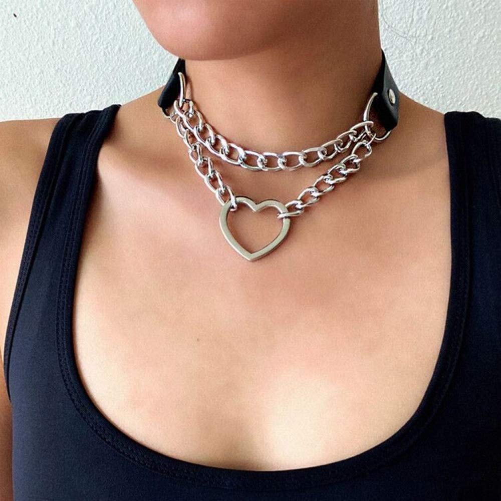 Leather Choker Collar Necklace, Heart Shape Gothic Punk Rock Choker Necklace Collars - Image 4