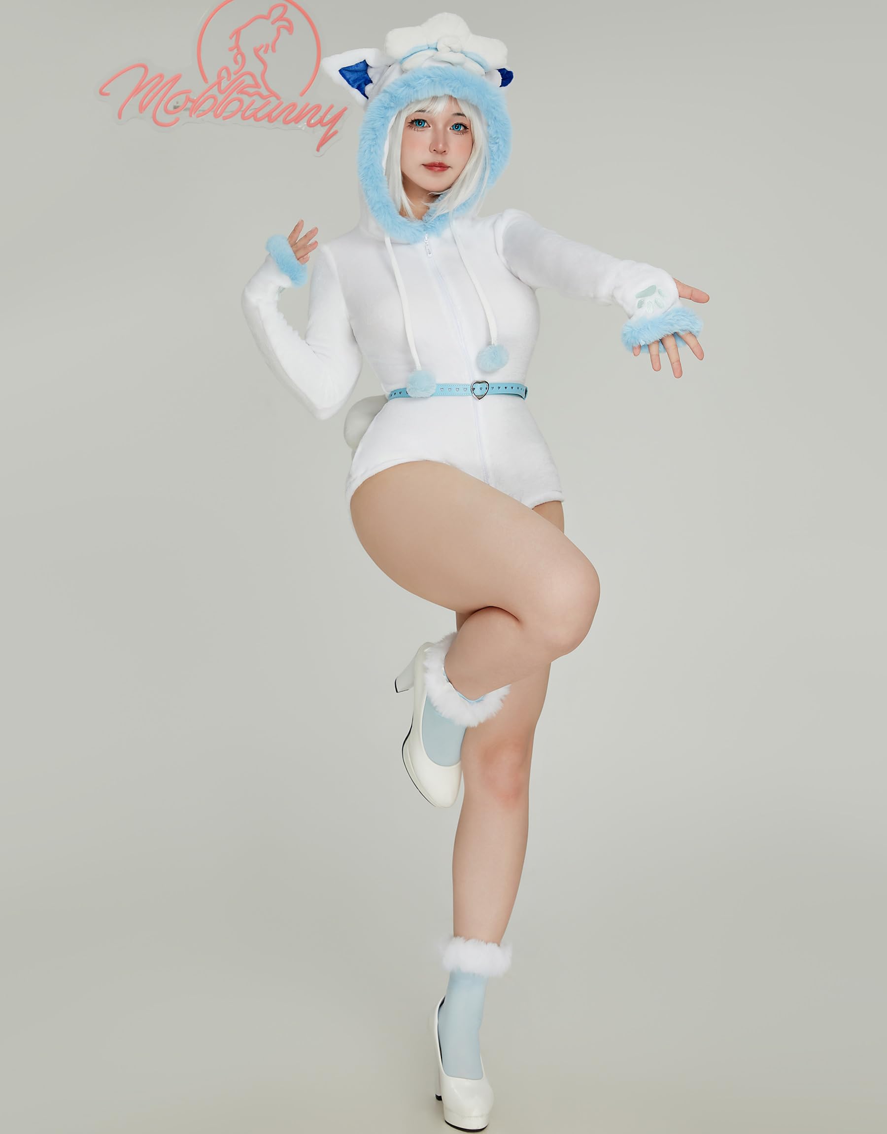Mobbunny Women's Anime Cosplay Costume Fluffy Romper Onesie Pajamas White Blue Furry Hooded Bodysuit Bodycon Sleepwear: Small
