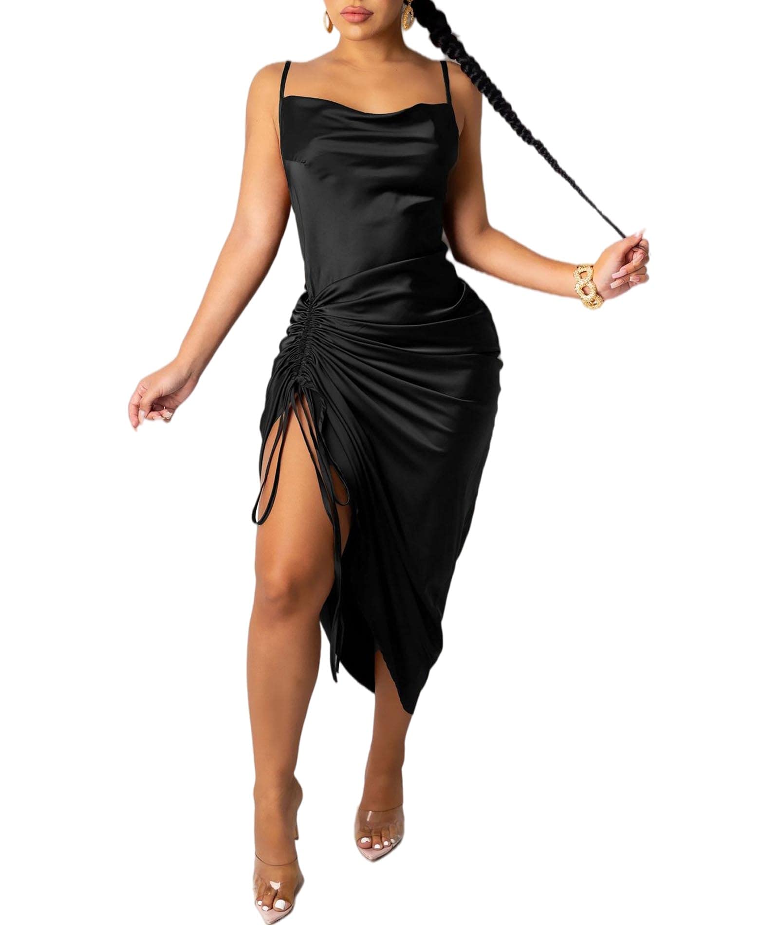 xxxiticat Women's Spaghetti Strap Satin Dress Sleeveless Cowl Neck Draped Slit Lace Up Drawstring Ruched Cocktail Midi Dress thumbnail 1