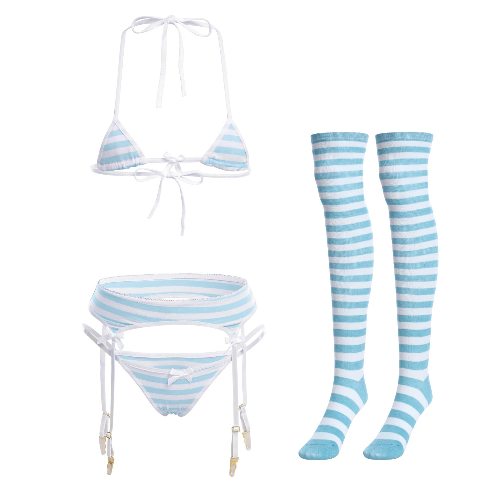 ABAFIP Women Cute Kawaii Anime Lingerie set Halter Strap Micro Bra Tiny Panty Garter Belt Striped Stockings 4Pcs Underwear: One Size Blue