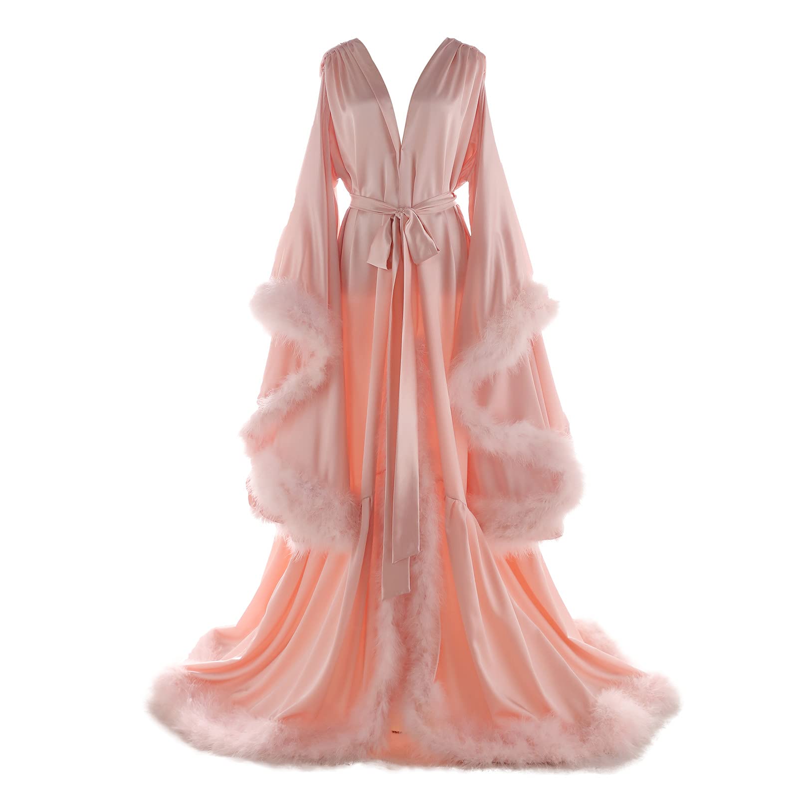 Daily Life Mall Women's Feather Bridal Robes Old Hollywood Maternity Photoshoot Nightgown Silk Bathrobe Long Lingerie: 3X-Large A-pink