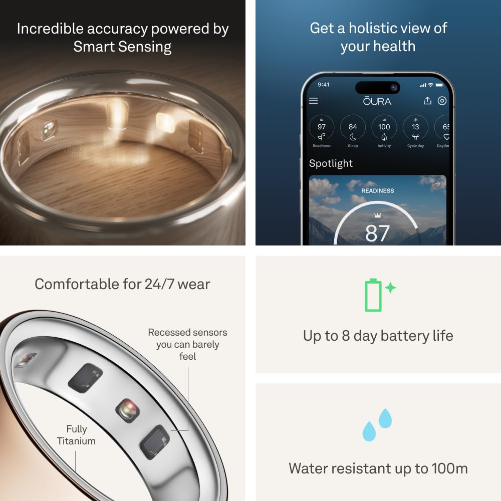 Oura Ring 4 - Rose Gold - Size 8 - Smart Ring - Size First with Oura Ring 4 Sizing Kit - Sleep Tracking Wearable - Heart Rate - Fitness Tracker - Up to 8 Days of Battery Life: Rose Gold 8