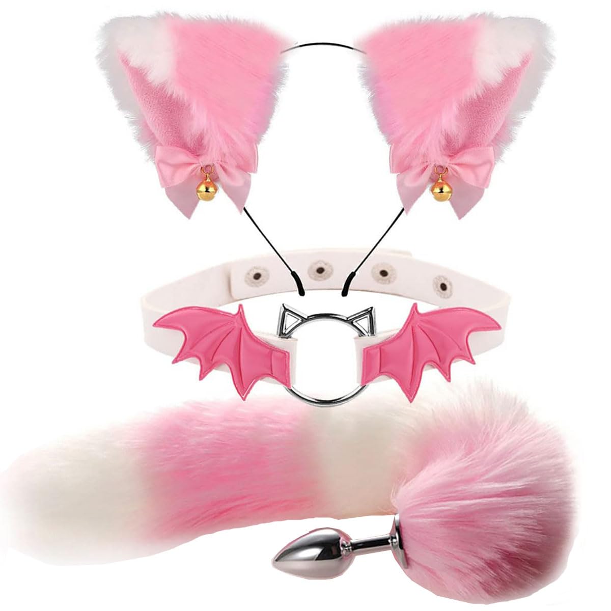 TJCGCKK Animal Cosplay Costume Furry Fox Tail Plug Cute Ears Headband Bat Style Neck Collar Set: Pink C