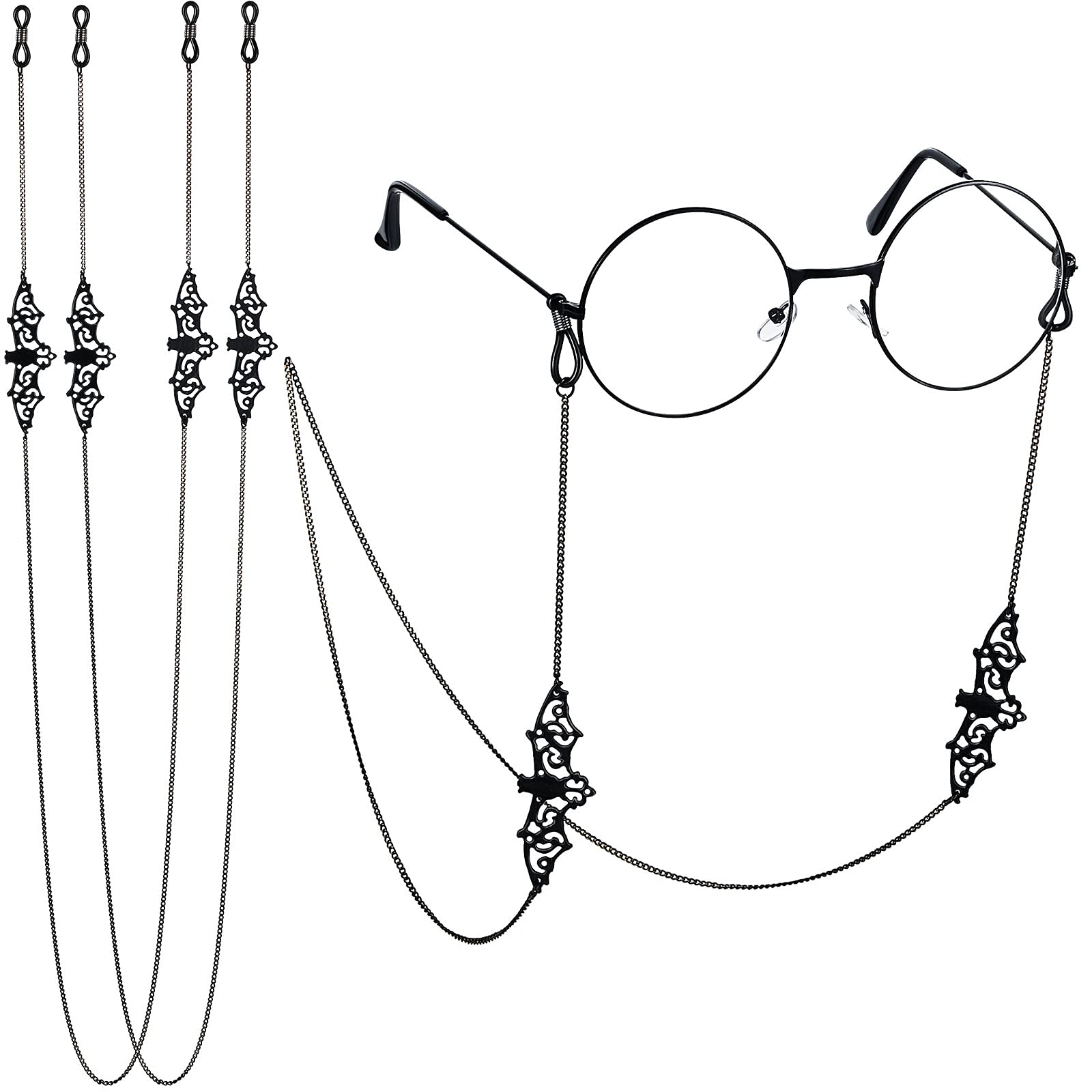 Frienda 2 Pieces Glass Chains Bat Goth Sunglasses Eyeglass Eyewear Lanyard Halloween Party Accessories for Women Men: Black