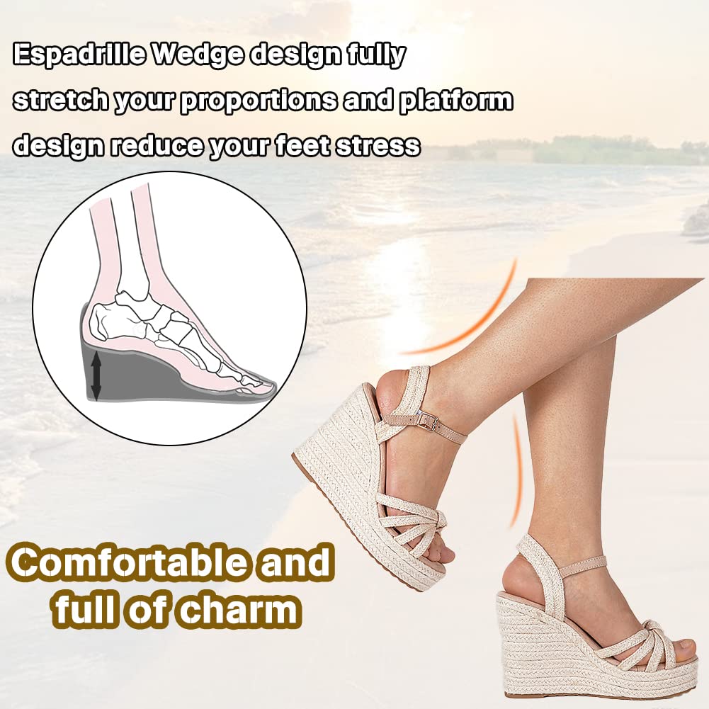mikarka Wedge Sandals for Women: Open Toe Wedges Heels for Women - Comfortable Braided Summer Espadrilles Wedges Ankle Strap Platform High Heels Vacation Shoes: 7 Beige