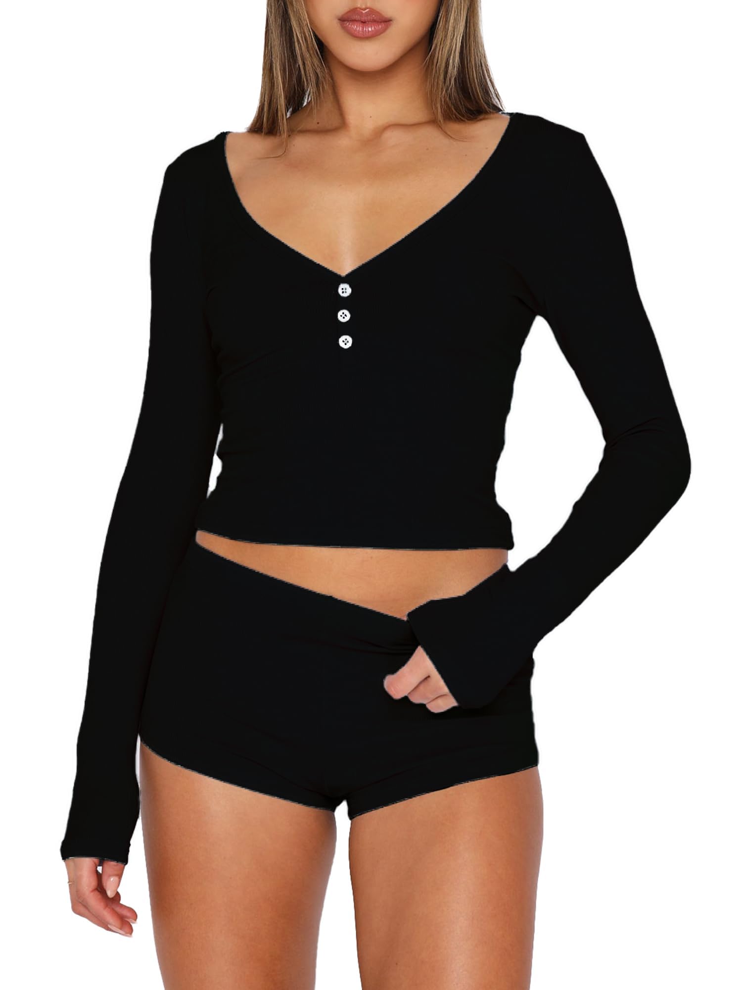 ForeFair Women 2 Piece Ribbed Knit Pajama Set Button Long Sleeve Tops and Shorts Lounge Sweatsuits Y2k Sleepwear PJ Set: Medium Black