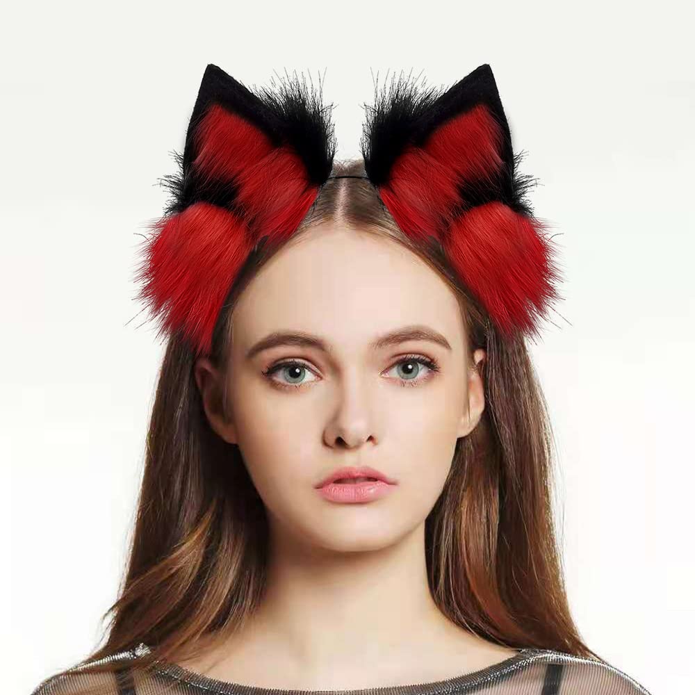 GaliaFaya Cat Wolf Fox Dog Ears Headband Handmade Faux fur Cosplay Halloween Costume Party: Black+red