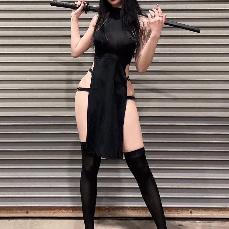 Cosplay Lingerie Sexy Devil Costume Halloween Ninja Roleplay Outfit High Slit Dress Goth Tank Dresses