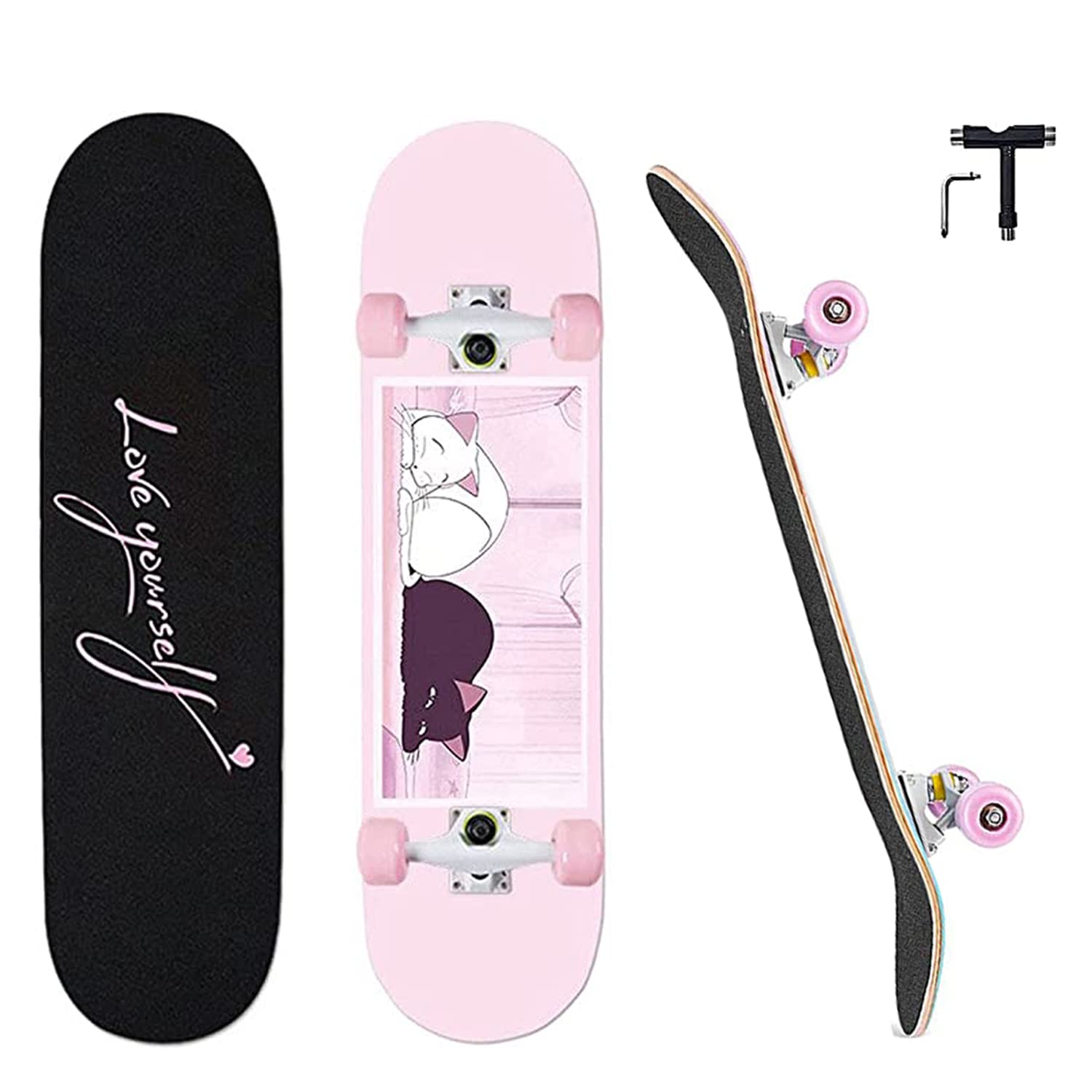 Anime Skateboards for Girls，Pink Complete Standard Skateboard, 31" X 8" Maple Double Kick Concave Skate Boards for Beginners/Kids/Youths/Teens Adult，Cute cat Skateboard