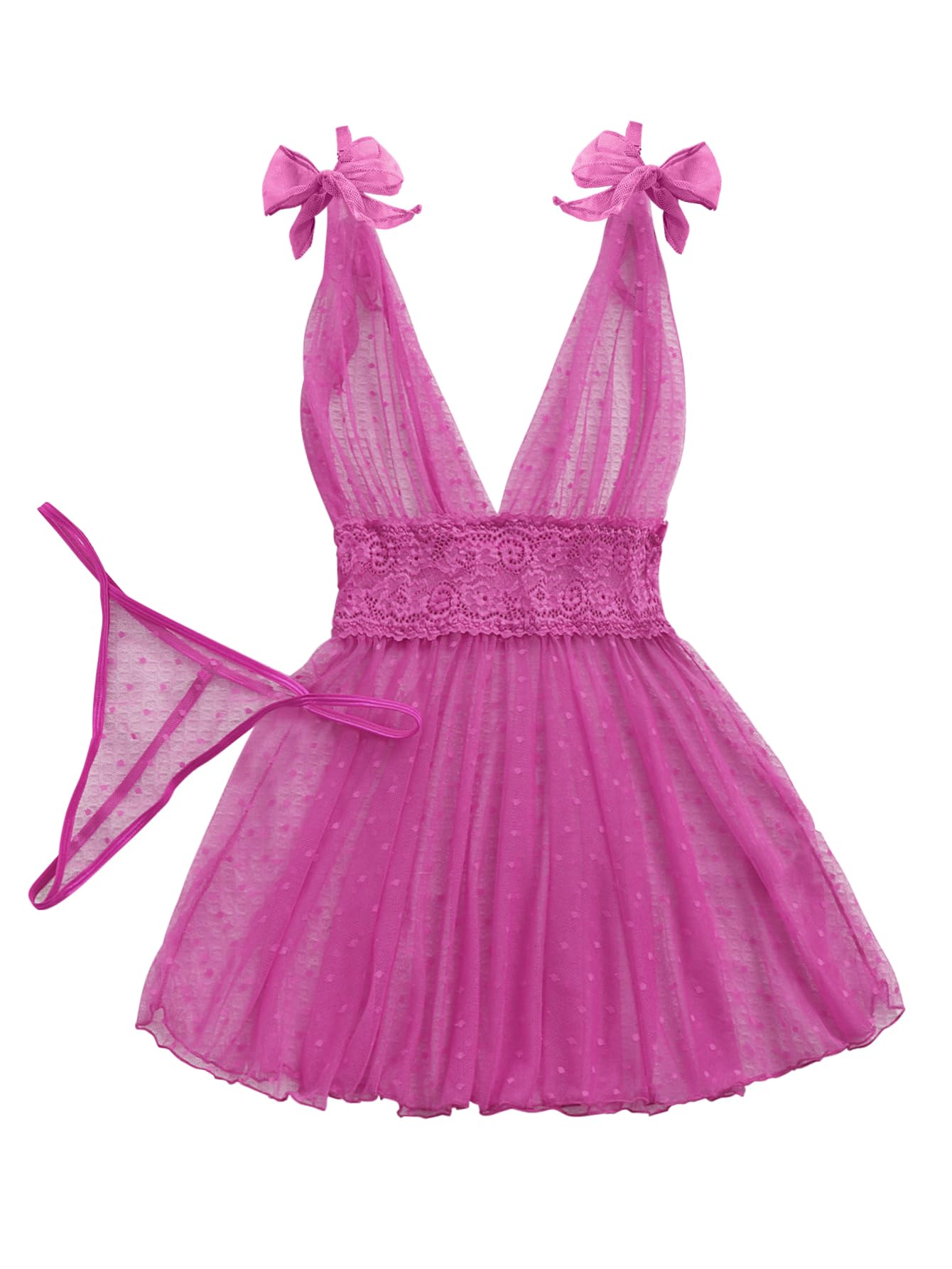 Lilosy Sexy Polka Dots Mesh Sheer Lace Babydoll Chemise Lingerie Set Floral Lace Sleep Wear: Small Light Hot Pink
