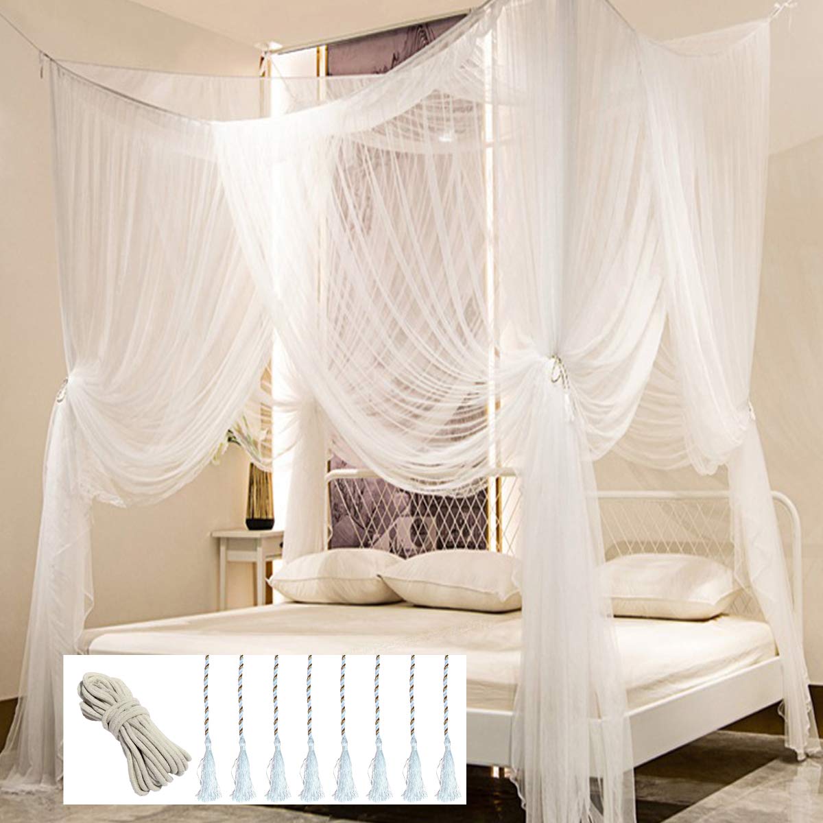 Bed Canopy with LED Star Lights, Canopy Bed Curtain with RGB Color Changing String Lights with Smart App Control Remote for Princess Girls Bedroom, Suggested for Twin Full Queen King Bed: White