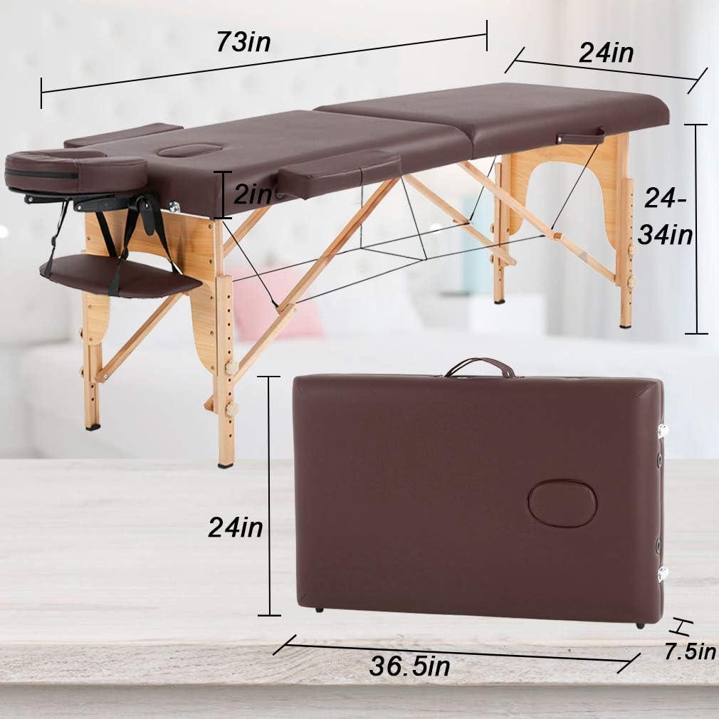 BestMassage Massage Bed Portable Massage Table 24 inche Wide Lash Bed Heigh Adjustable 2 Folding Spa Table with Non-Woven Bag for Spa Footmassage Facial CareSpa Tattoo: Brown