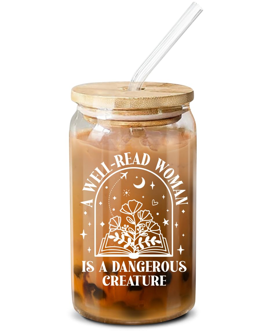 NewEleven Gifts For Book Lovers - Book Lovers Gifts For Women - Book Themed Gift for Readers, Librarians, Bookaholics - Birthday Gift For Women, Her, Best Friend – 16 Oz Coffee Glass: Well read women CF
