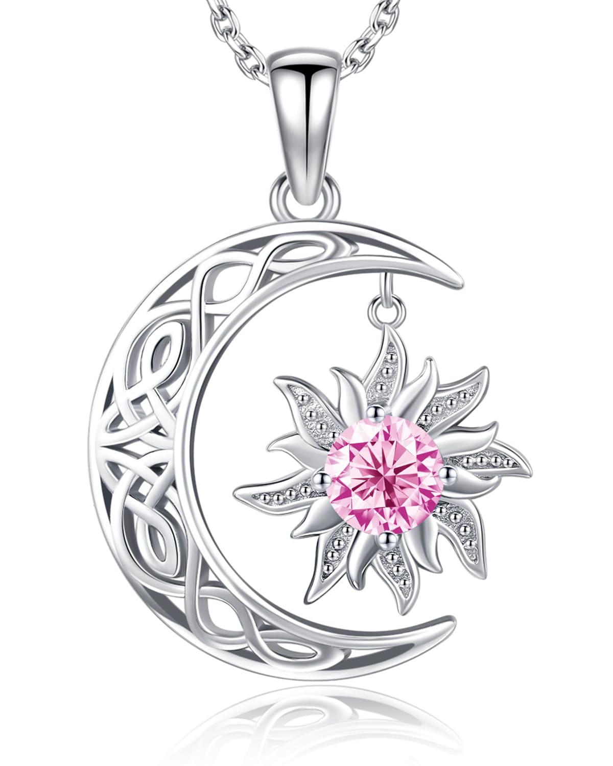 BDL Sun and Moon Couple Necklace - Birthstone Necklaces Symbol of Harmony in 925 Sterling Silver,Unique Gift for Her or Him - Eternal Love Connection: Oct. Sun Moon