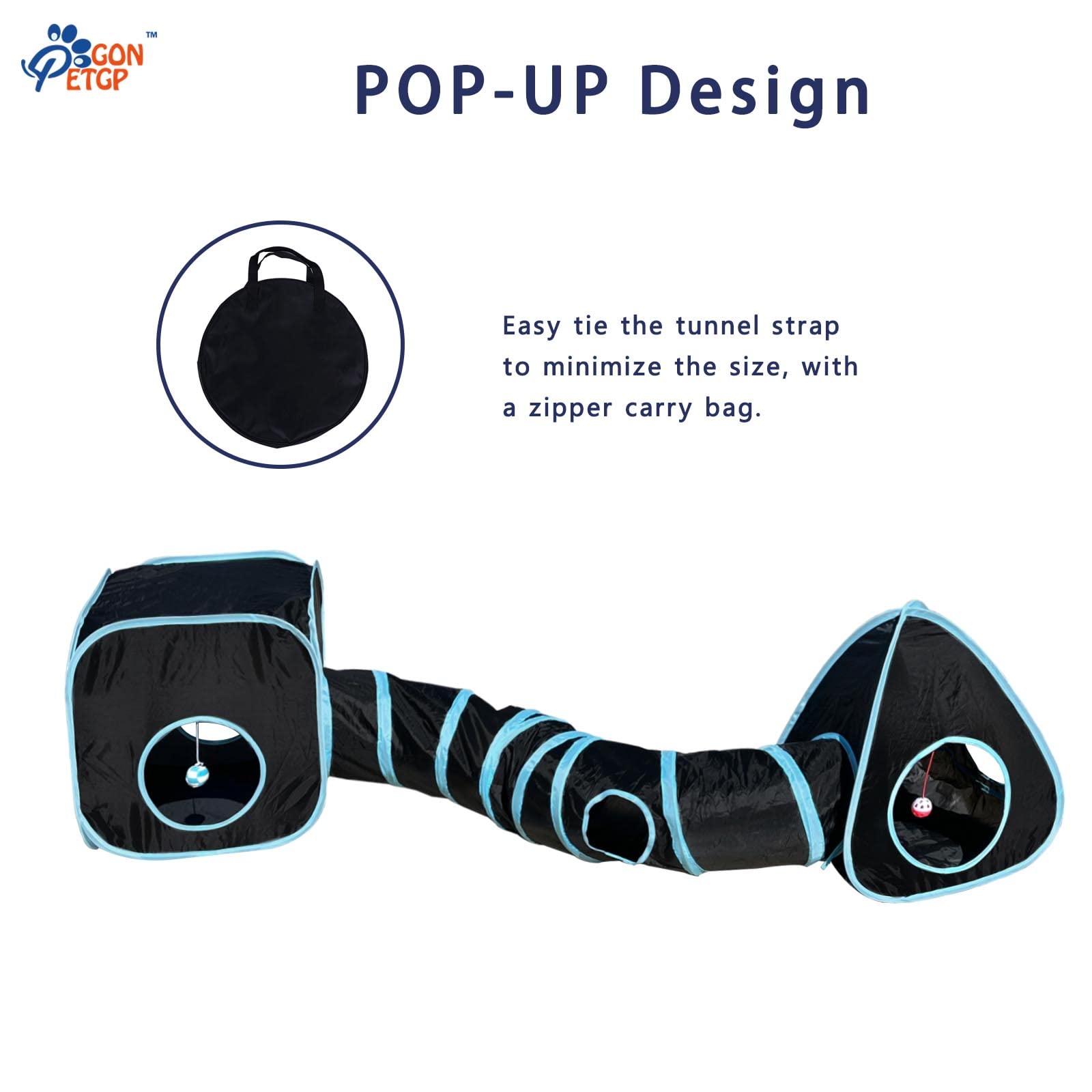 GONPETGP Cat Tunnels for Indoor Cats with Cube Tent Toys Combo, Pop Up Collapsible Crinkle Interactive Peek Hole, Cat Tube with Play Ball and Bell for Kitten, Puppy, Kitty, Rabbit - Set of 3: A-Black