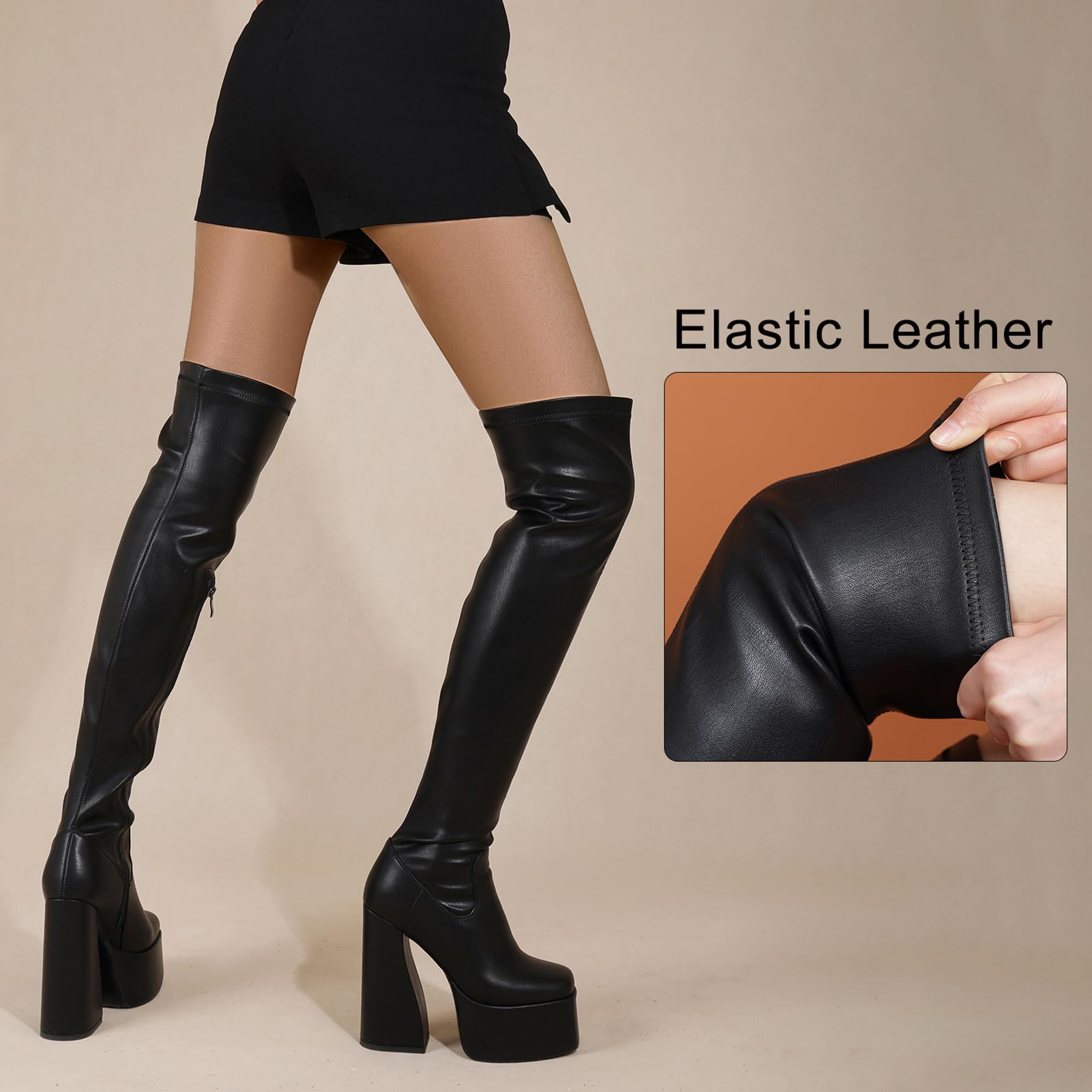 LanreyTaley Platform Thigh High Boots for Women Chunky Block Heels Over The Knee Boots Stretch Go-Go Boot Square Toe Party Boots with Zipper: 10 Black