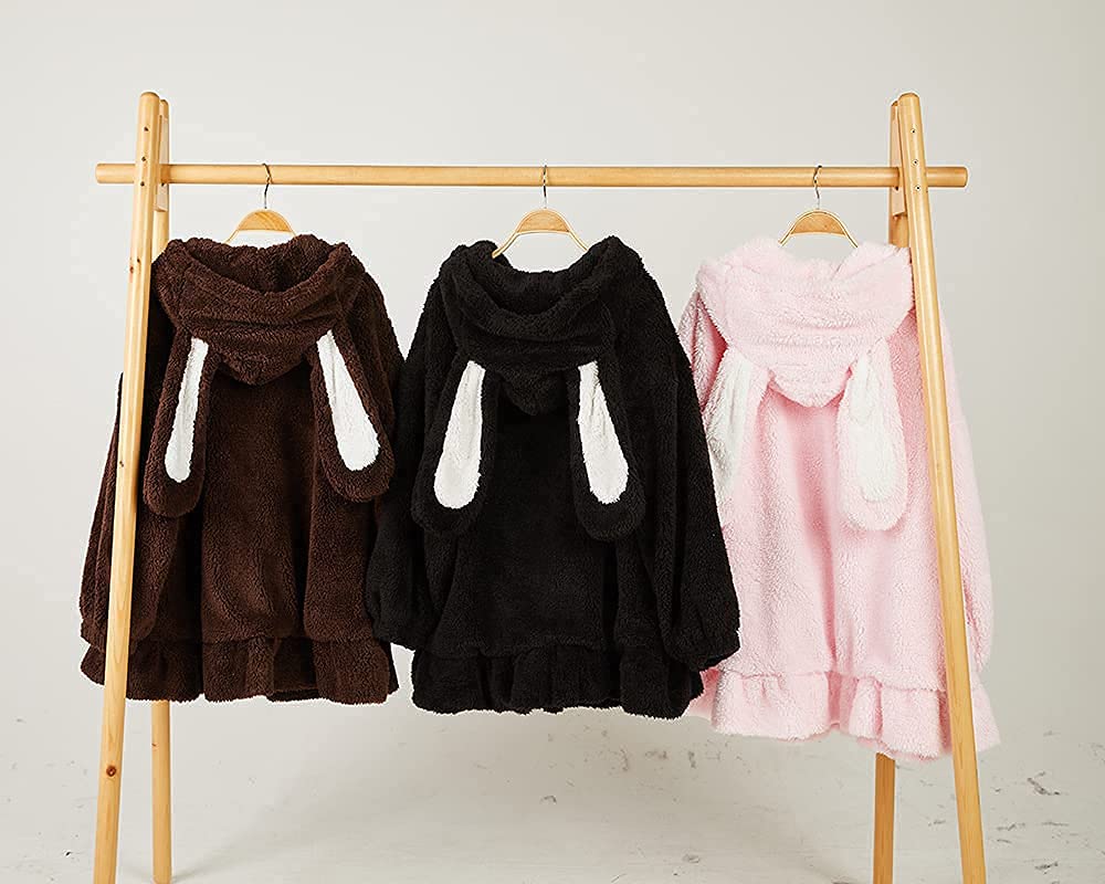 BZB Kawaii Anime Bunny Ear Hoodies For Women Sweet Lovely Fuzzy Fluffy Rabbit Sweater Tops Cosplay Jacket Coats: 3X-Large Black