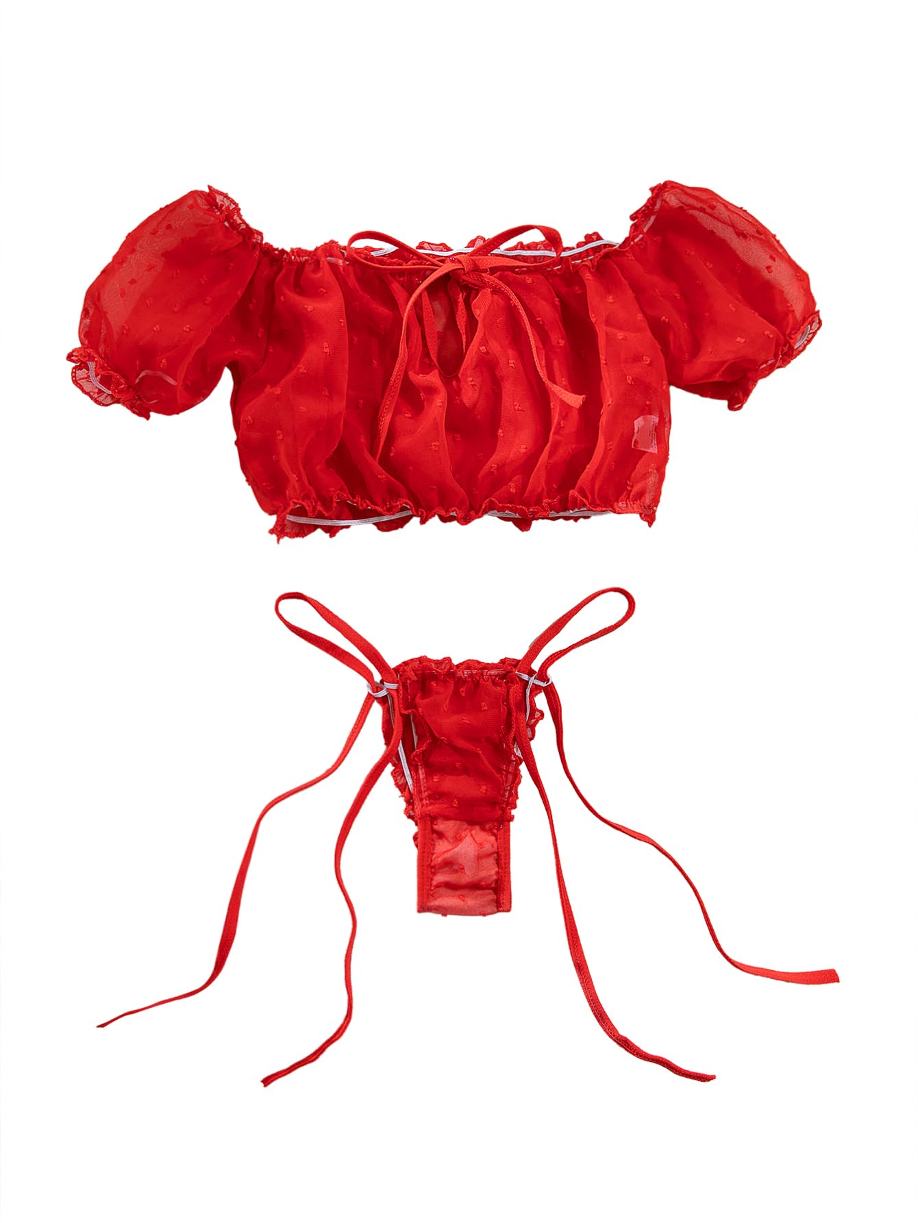 Lilosy Sexy Stretch Ruffle Tie Sheer Mesh Lingerie Set Outfits: Chiffon Small Chiffon Red