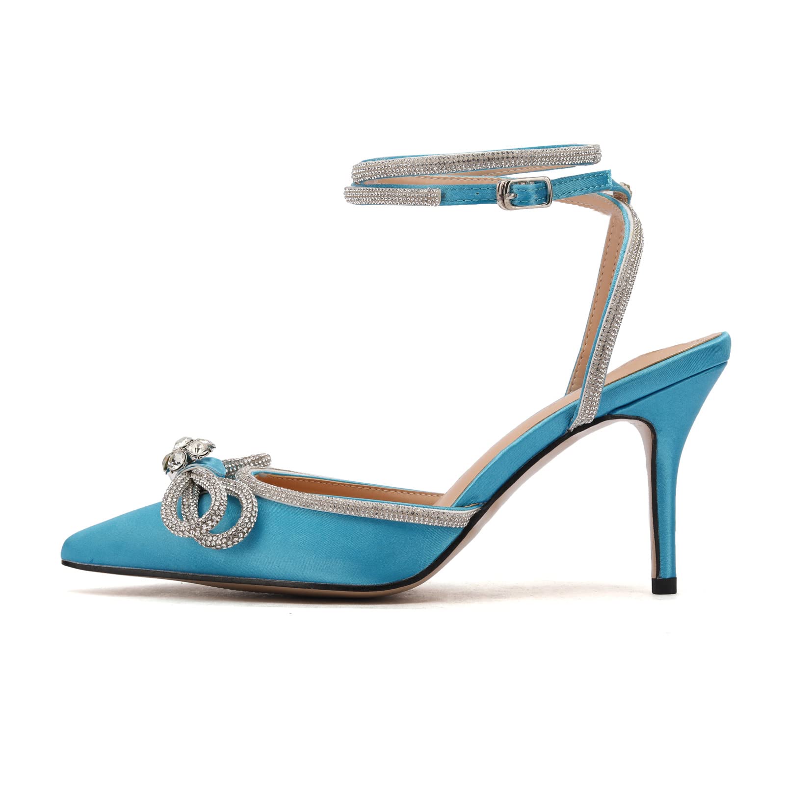 Arqa Rhinestone Bow Heels for Women Pointed Toe Crystal Ankle Strap Slingback Pumps Satin Stiletto High Heel Sandals Wedding Bridal Shoes thumbnail 2