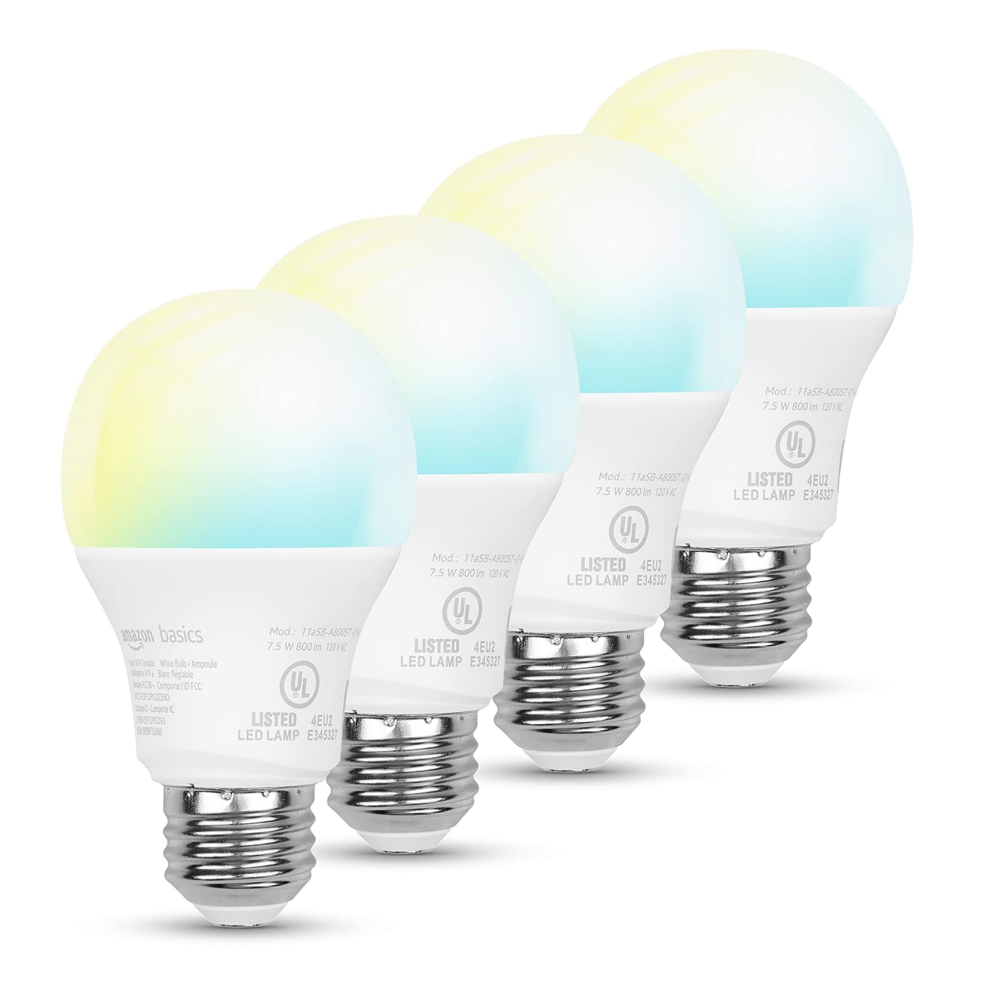 Amazon Basics Smart A19 LED Light Bulb, Color Changing, 9W (60W Equivalent), 800LM, Works with Alexa Only, 2.4 GHz Wi-Fi, No Hub Required, 1 Pack: Tunable White With Adjustable Schedule 4 Pack