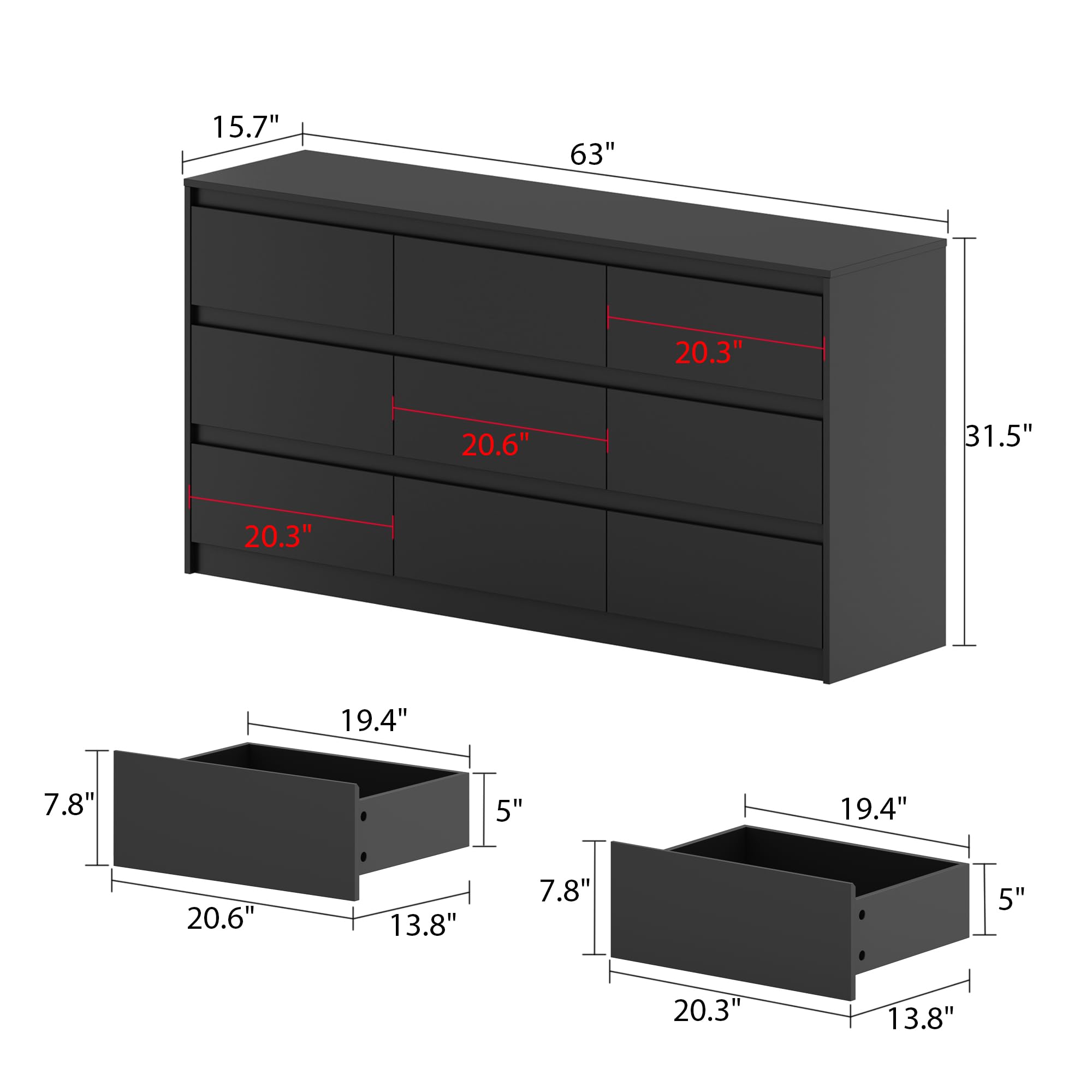 Hitow 9 Drawer Dresser for Bedroom with Deep Drawers, Large Floor Wood Dressers & Chest of Drawers Handle Free, Modern White Long Dressers for Closet Living Room, Euro Slide (63"W x 15.7"D x 31.5"H) thumbnail 2
