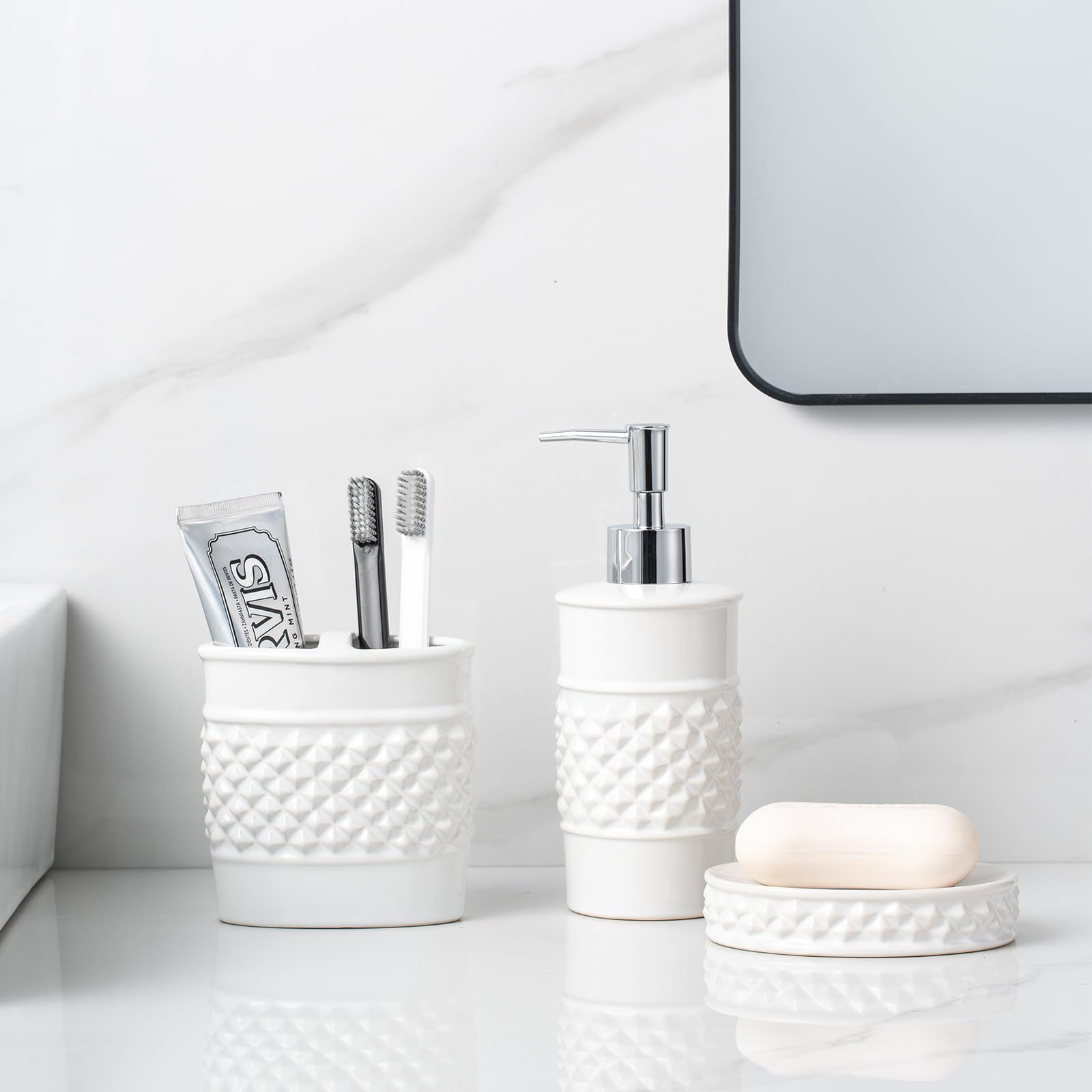Bathroom Accessory Set, 3-Piece Ceramic Bath Accessories Set with Tray, Lotion Dispenser, and Tumbler thumbnail 7