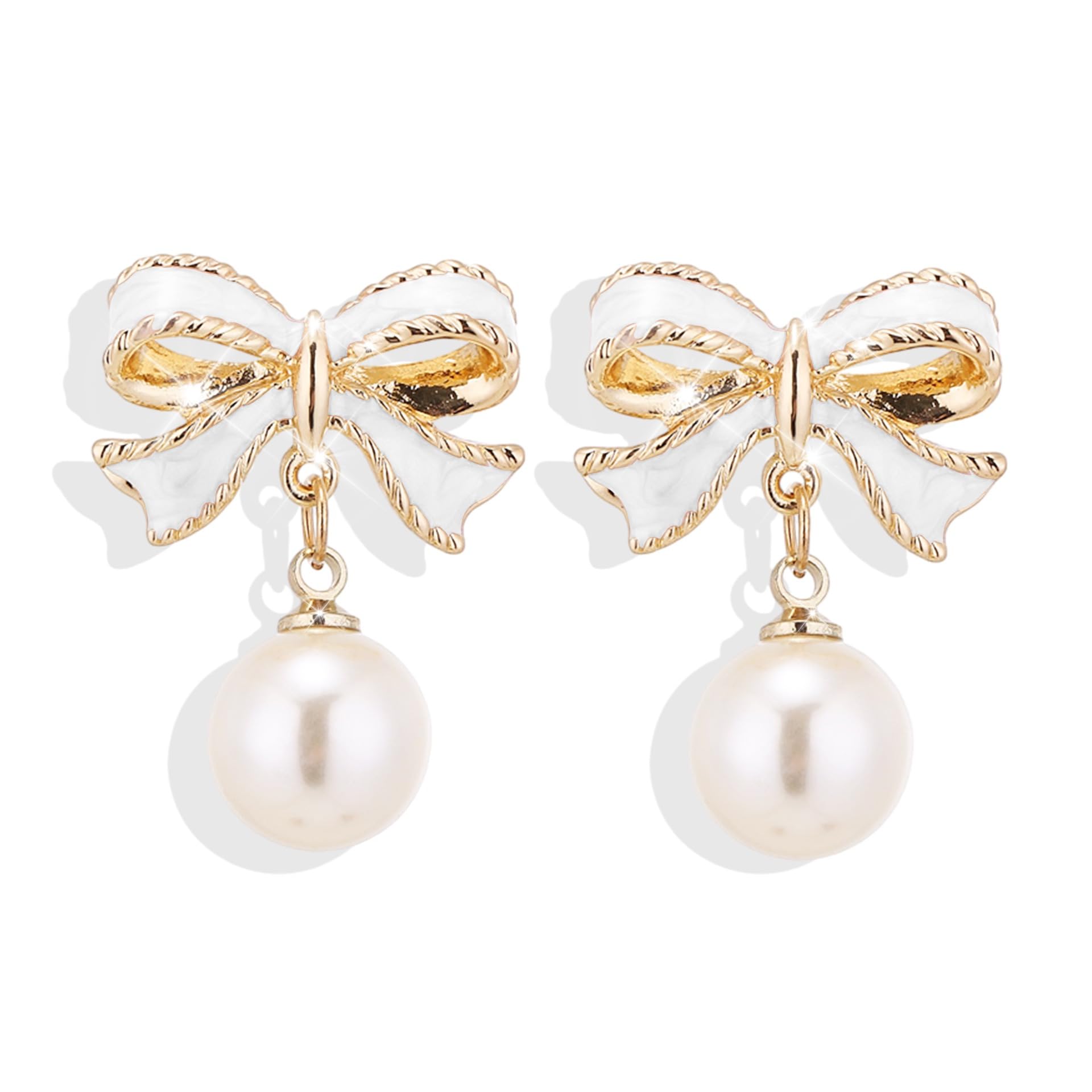 Twinkle Pearl Bow Dangle & 925 Silver Stud Earrings for Women & Girls | Pink and Gold Bow Ribbons Earrings | Holiday Birthday Jewelry Gifts for Her