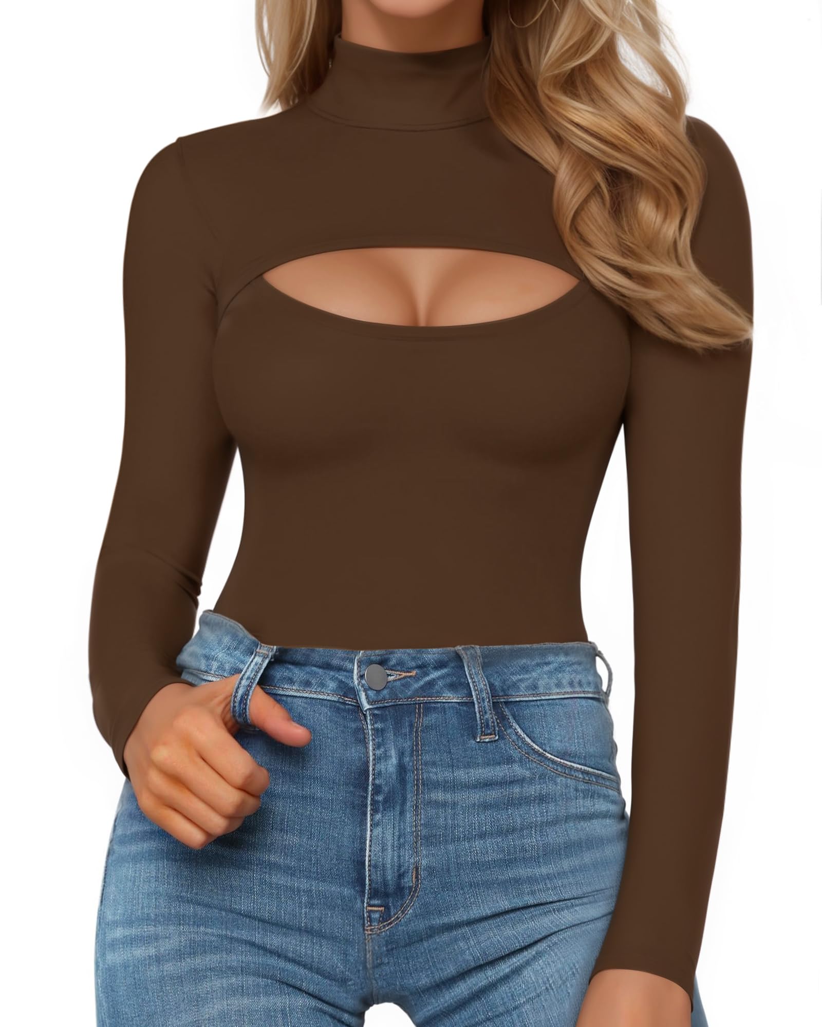 MANGOPOP Mock Neck Cutout Front Top Long Sleeve Sleeveless Bodysuits for Women: Fleece Lined Small Coffee Fleece Lined